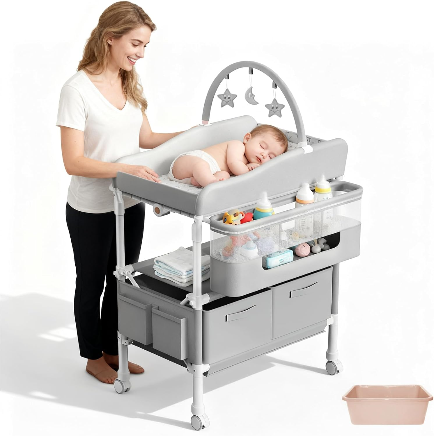 Portable Baby Changing Table 2-In-1 Baby Change Station with Tub Foldable Baby Bath Stand Diaper Change Table for Newborn Infant Mobile Nursery Organizer (Foldable)