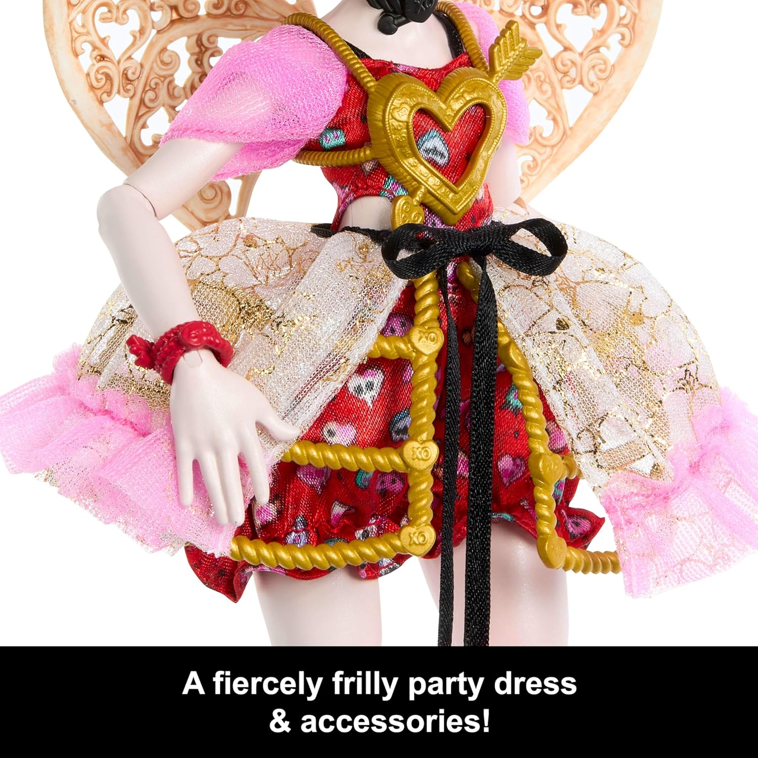 Monster High Scary Sweet Birthday Doll, Cupid Asteria in Pink and Red Party Dress with Themed Accessories like Invite, Balloon, Gift and More image number 3
