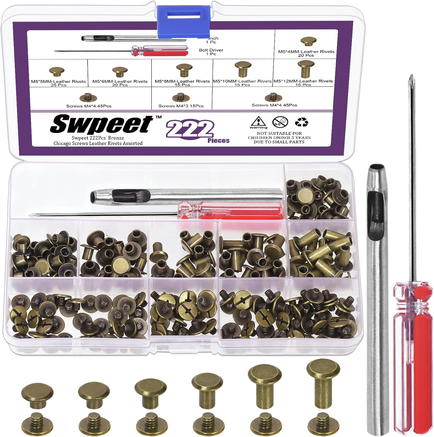 Swpeet 110 Set 6 Sizes M5 X 4Mm/5Mm/6Mm/8Mm/10Mm/12Mm Gold Leather Rivets Chicago Binding Screws with Install Tools Assortment Kit, Screw Rivets M5 Chicago Binding Screws for Repair Leather