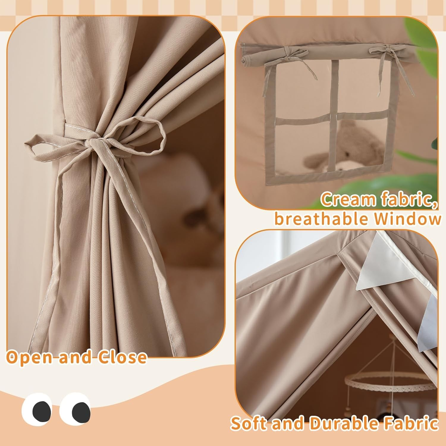 Kids Play Tent with Mat, Large Play Tent Indoor with Star Lights and Windows, Playhouse for Boys and Girls Aged 3+, Kid Tent with Mat Washable (Beige) - Beige image number 5