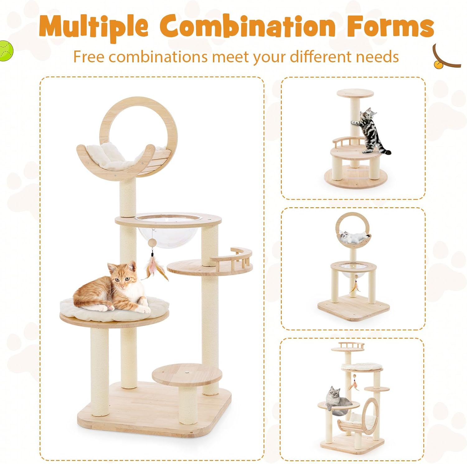 Costway Building Block Cat Tree, 4-In-1 Large Wooden Cat Tower with Space Capsule Nest, Sisal Scratching Posts, Padded Platform, Hanging Toy, Multi-Level Kitty Activity Center for Indoor Cats image number 5