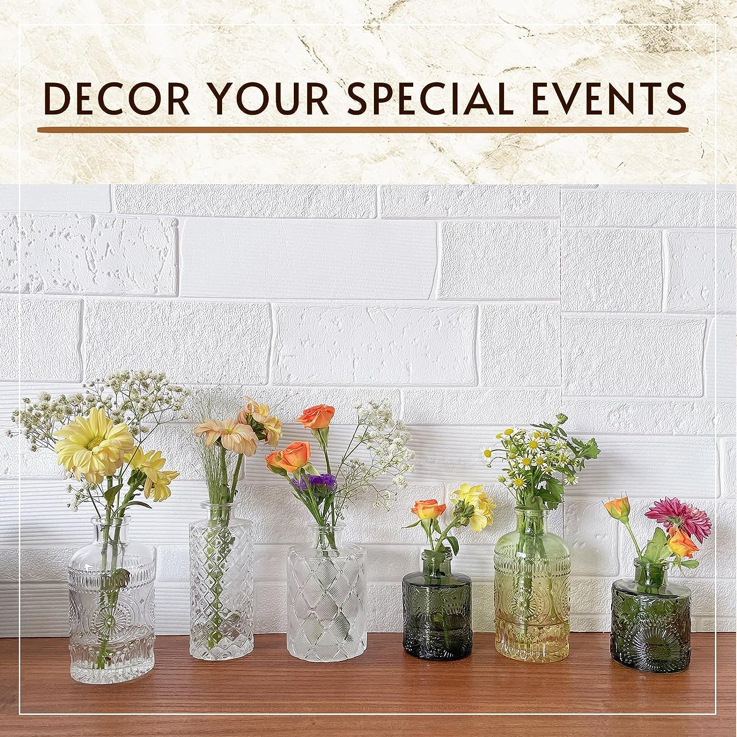 Glass Bud Vase Set of 3, Small Flower Vases for Decorative, Gradient Glass and Embossed Style Mini Glass Bottles for Home Decor, Vintage Glass Bottles for Centerpiece 3.3"-5.2''H(Green)