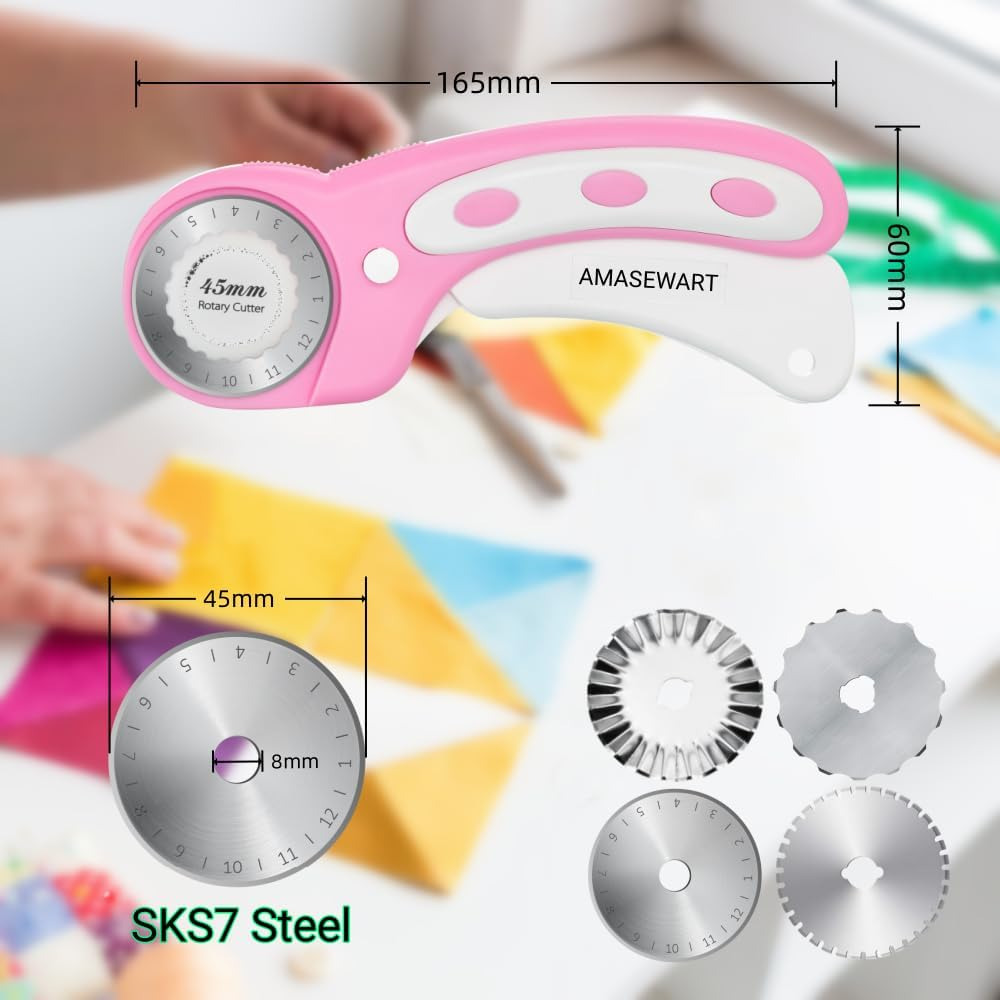45Mm Rotary Cutter for Fabric with 8Pcs Rotary Blades, Rolling Fabric Cutter Crochet Edge Skip Stitch Blade Perforating Rotary Blade, Pinking Rotary Cutter for Quilting Crafts Sewing, Pink image number 6