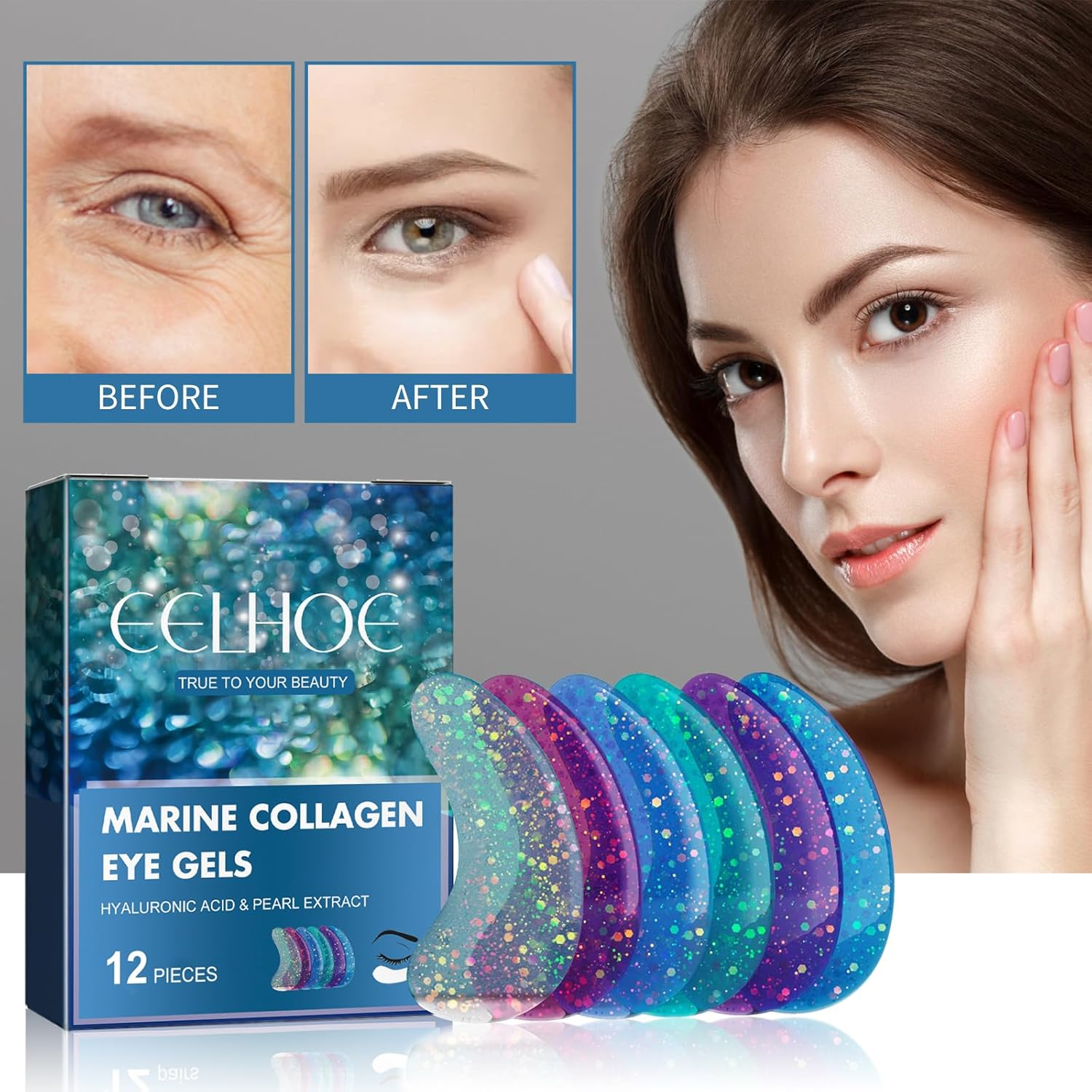 Marine Collagen Eye Gels under Eye Mask for Puffy Eyes Dark Circles with Hyaluronic Acid Pearl Extract Hydrating Eye Patches Appliable for Tired Skin Anti-Wrinkle Rejuvenation image number 2