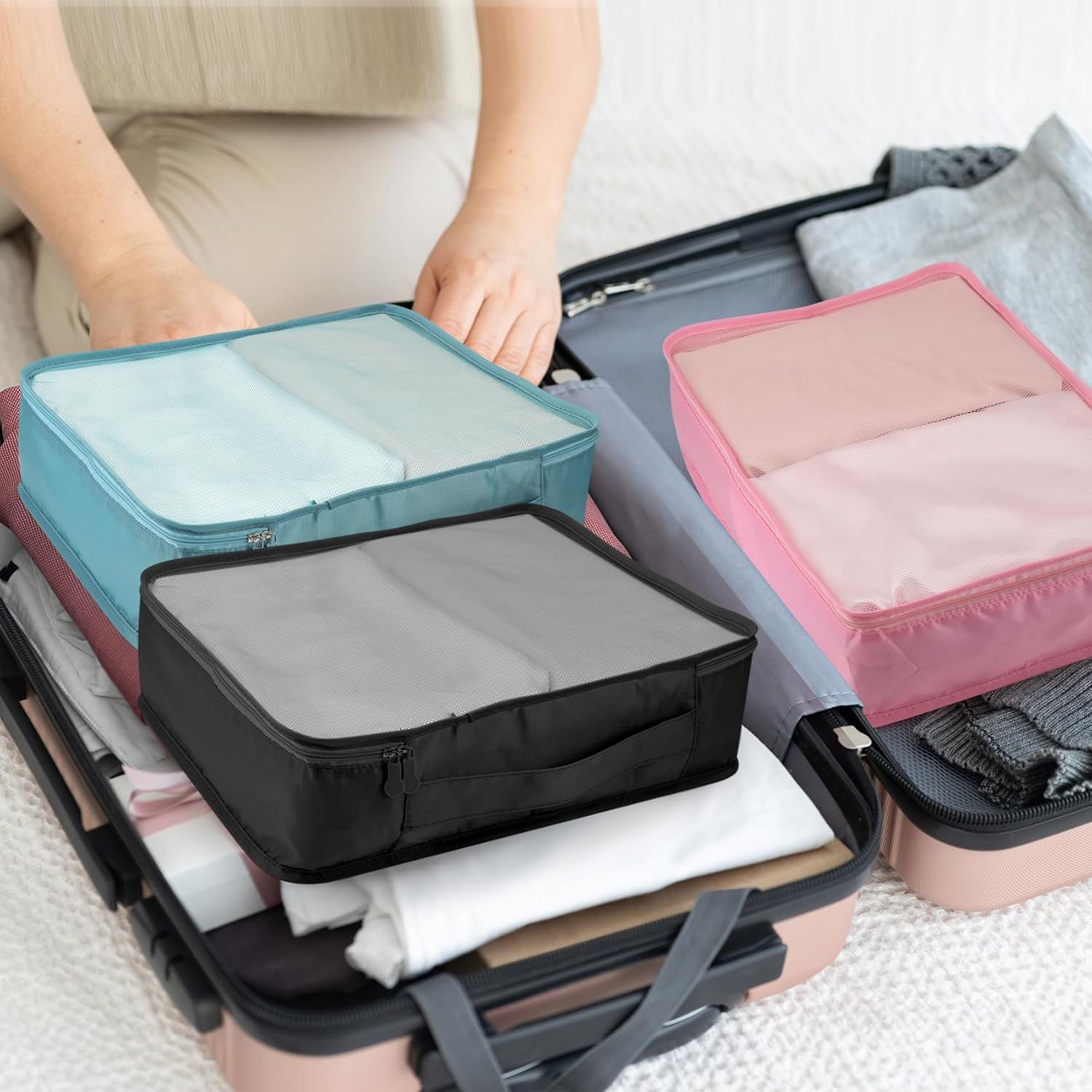 Hcskoss 4 PCS Large Packing Cubes,40X30X12Cm Same Size Suitcase Organiser Bags Compressible Expandable Packing Cubes for Suitcase,Luggage,Travel,Handy Helper,Organizing Clothes (Color Mixing) image number 6