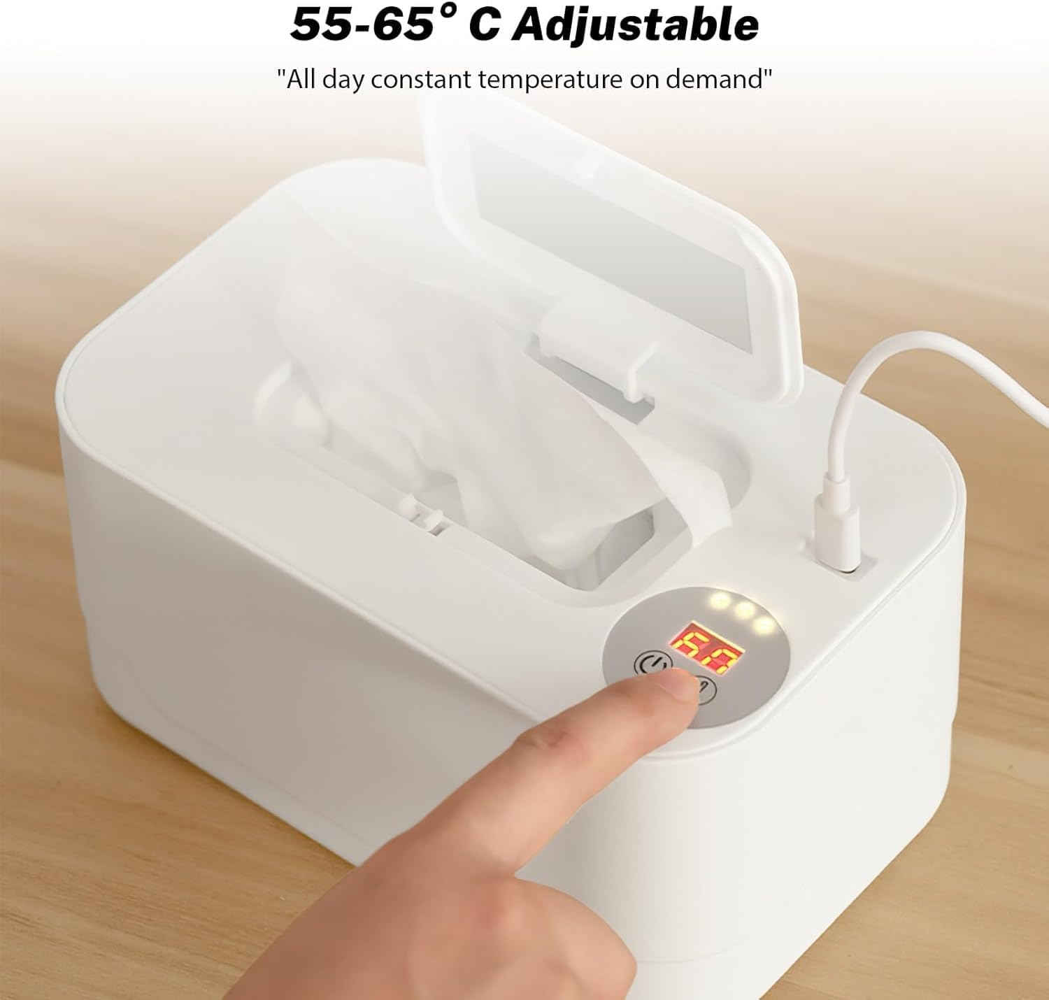 Wipe Warmer for Babies, Baby Wipes Warmer with 55-65℃ Temperature Adjustment, 24H Constant Temperature, Top Thermal Cycle, 120 Pump Capacity, USB Interface, Wipe Warmer for Home, Car image number 4