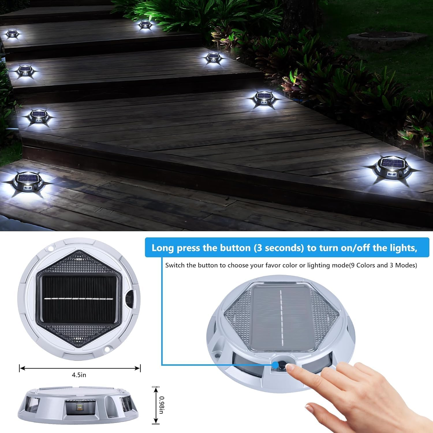 Toodour Solar Lights Outdoor, 12 Pack 9 Colors in 1 Solar Driveway Lights, IP67 Waterproof Solar Powered Deck Light, RGB Step Light for outside Garden Yard Fence Stair Sidewalk Walkway Outdoor Decor image number 6