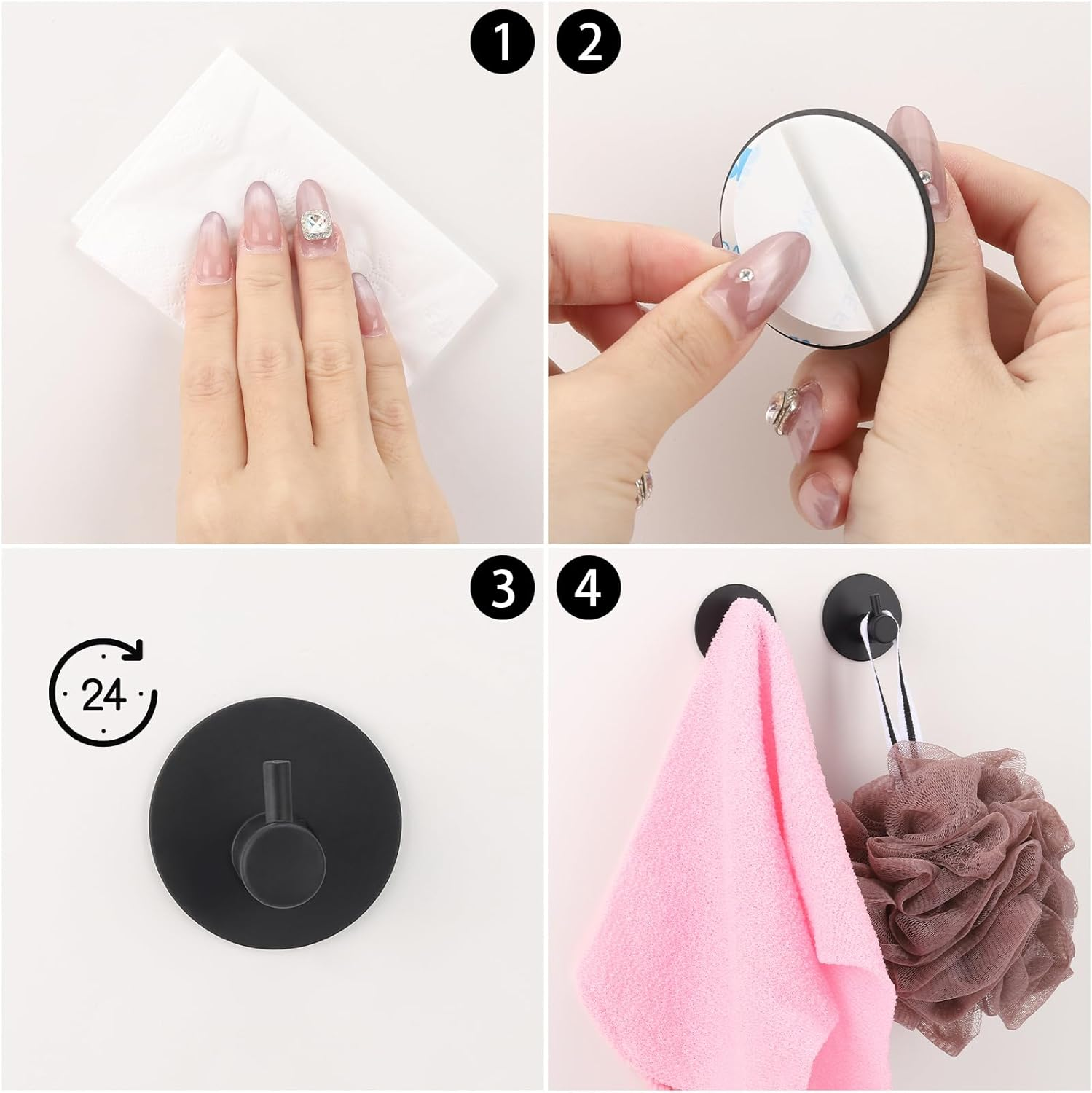 BTYMS 8 Pcs Stainless Steel Powerful Adhesive Hooks Black Load-Bearing Hook with Traceless Patch for Bathroom Kitchen and Wardrobe