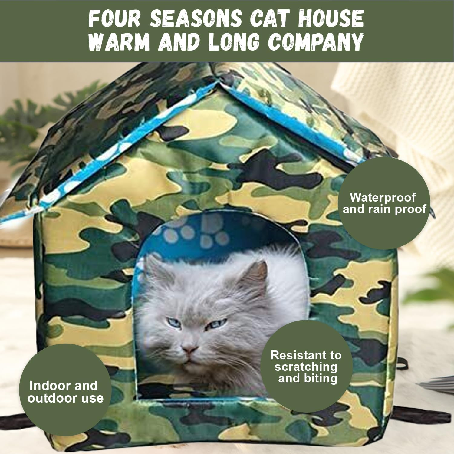 HOMURY Outdoor Cat House: Foldable Cat House, Washable, Weatherproof and Warm, Outdoor Pet House, Oxford Pet House for Stray Pets, for Small Dogs, Cats (Camouflage) image number 3
