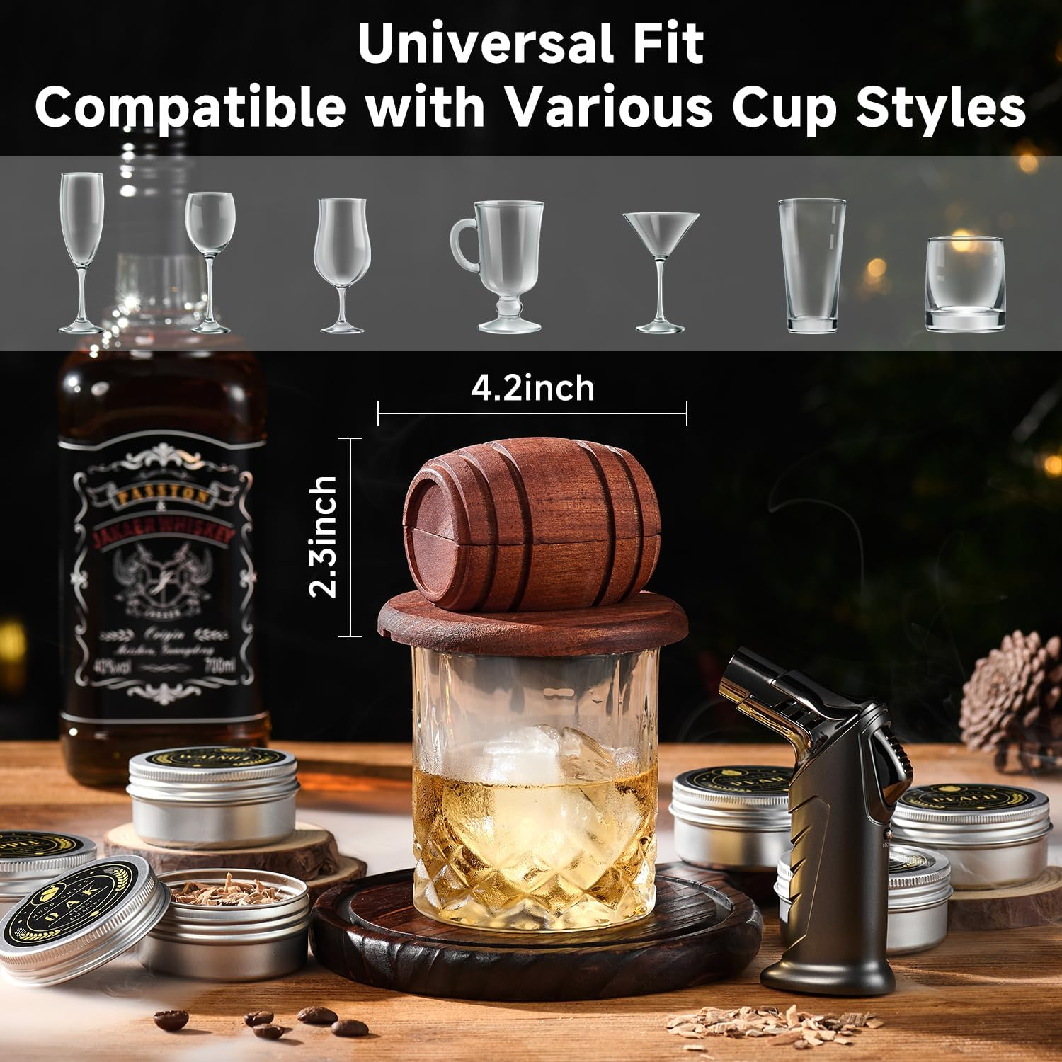 Whiskey Smoker Kit with Torch - 6 Flavors Wood Chips, 2 Glasses, 2 Ice Ball Molds - Cocktail Smoker Infuser Kit, Old Fashioned Drink Smoker Kit, Birthday Bourbon Whiskey Gifts for Men,Dad(No Butane) image number 5