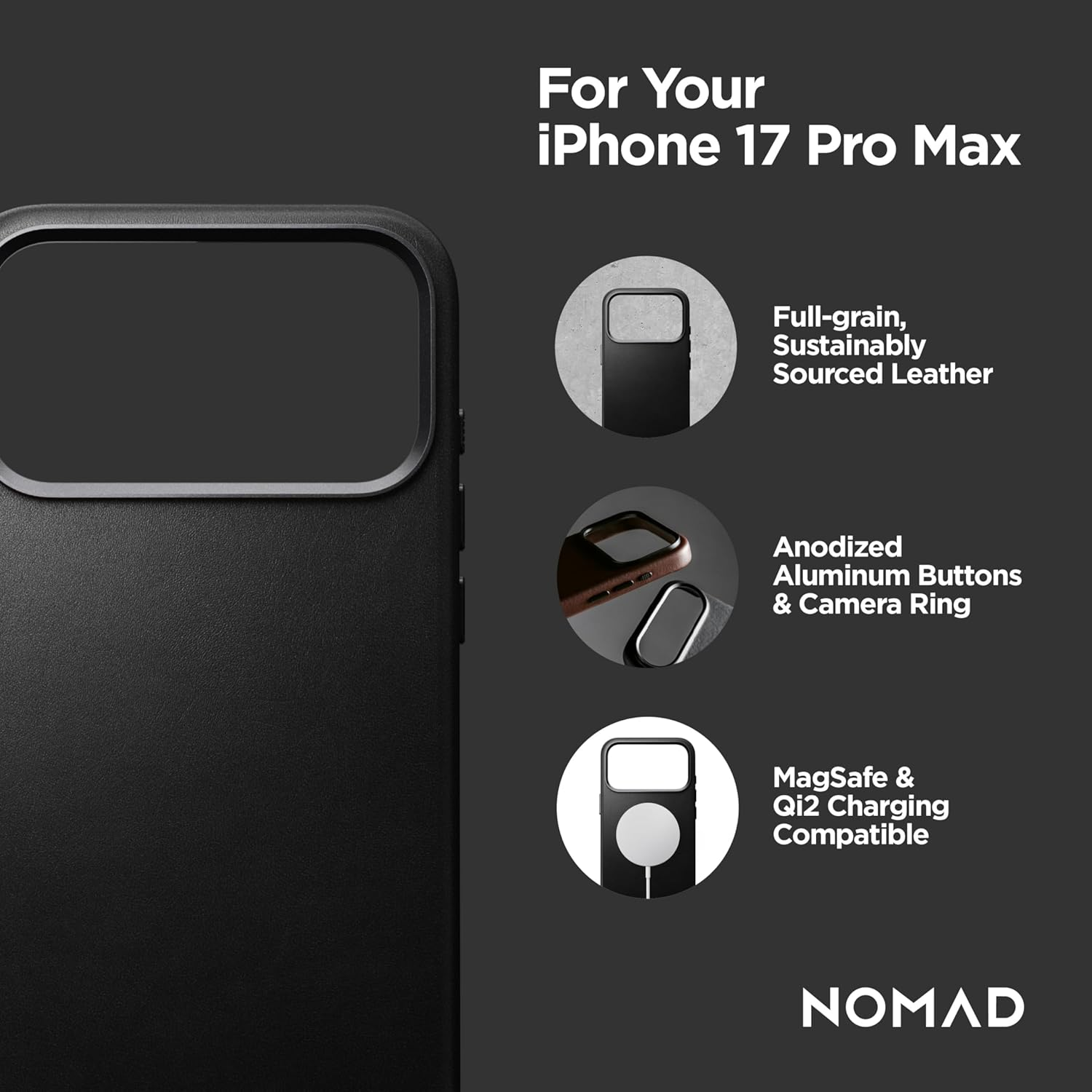 Nomad Traditional Leather Phone Case Apple Iphone 17 Pro, Magsafe Compatible, Wireless Charging, Scratch-Resistant Shockproof Protective Cover Case - Black Ecco image number 2