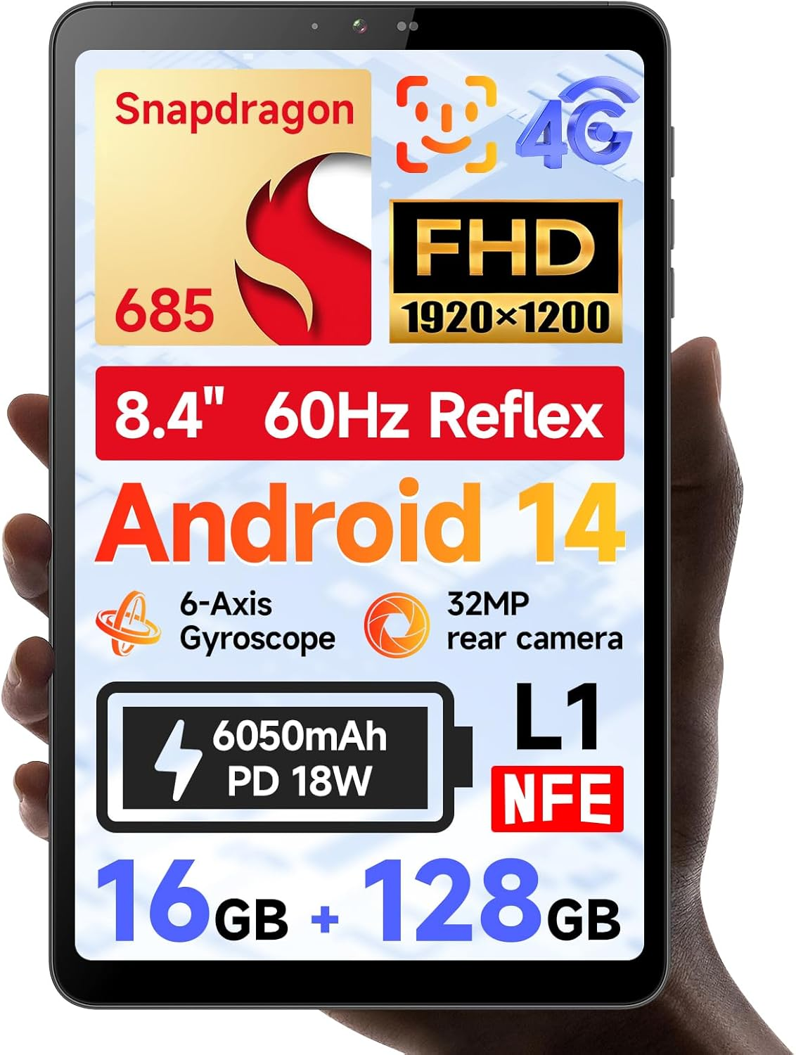 BNCF 8.4 Inch Snapdragon 685 Android 14 Tablet, FHD IPS 1920X1200 Resolution 60Hz Reflex Bpad Mini with Widevine L1, 16GB+128GB(1TB Expand), 5MP+32MP Camera, 4G LTE+2.4G/5G Wifi+Bt5.0+Gps, 6050Mah image number 6