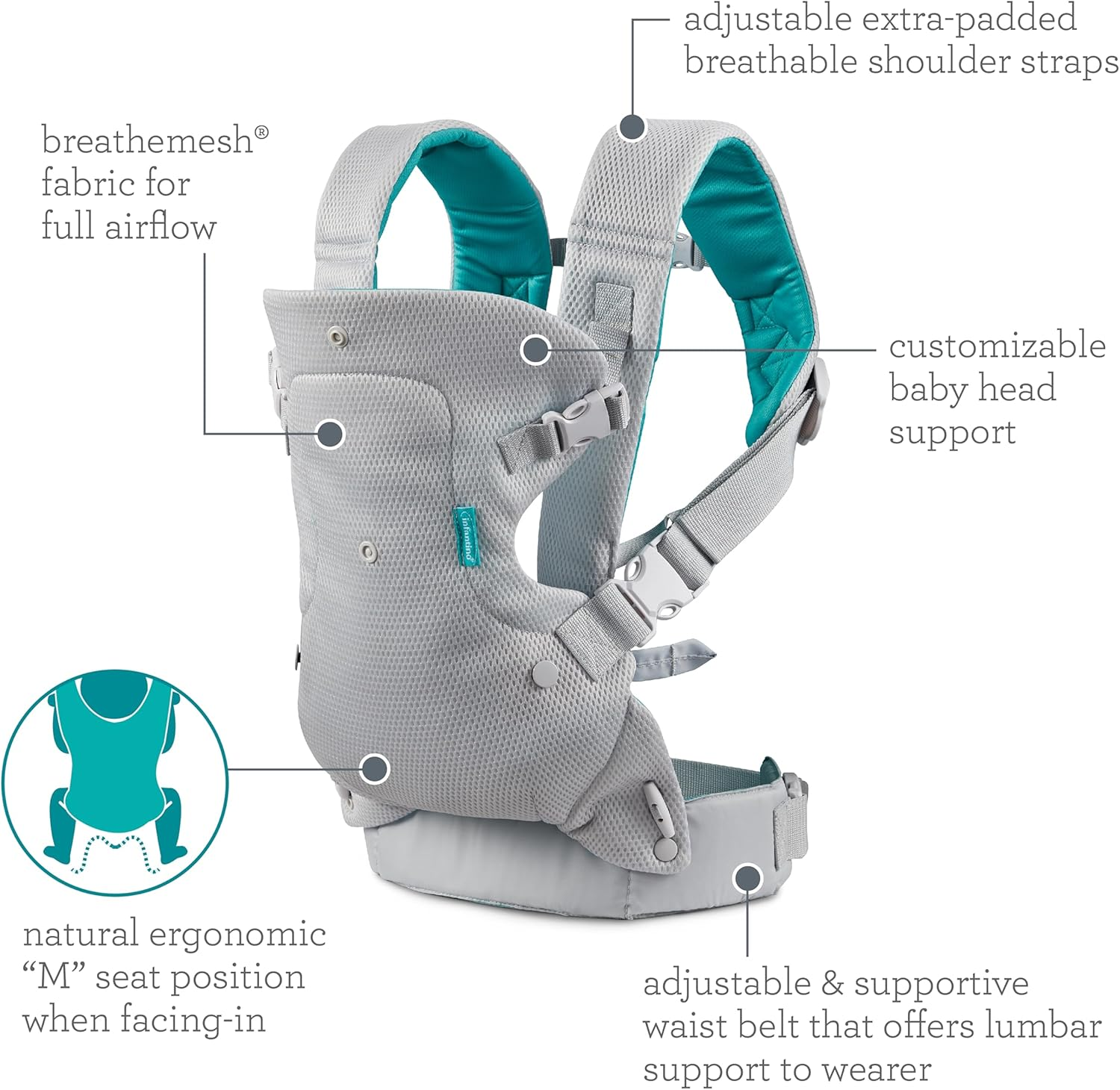 Infantino Flip 4-In-1 Light & Airy Convertible Carrier - Breathable, 4 Positions, Lumbar Support, Adjustable Waist Belt, Head Support, Ergonomic Seat, Adjustable Waistband, Plush Straps image number 6