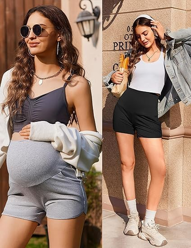 Maternity Shorts over the Belly - Pregnancy Lounge & Workout Shorts with Pockets, Breathable Polyester-Spandex Yoga Sleep Shorts for Women, Comfortable Summer Maternity Clothing (Black, Large) image number 3