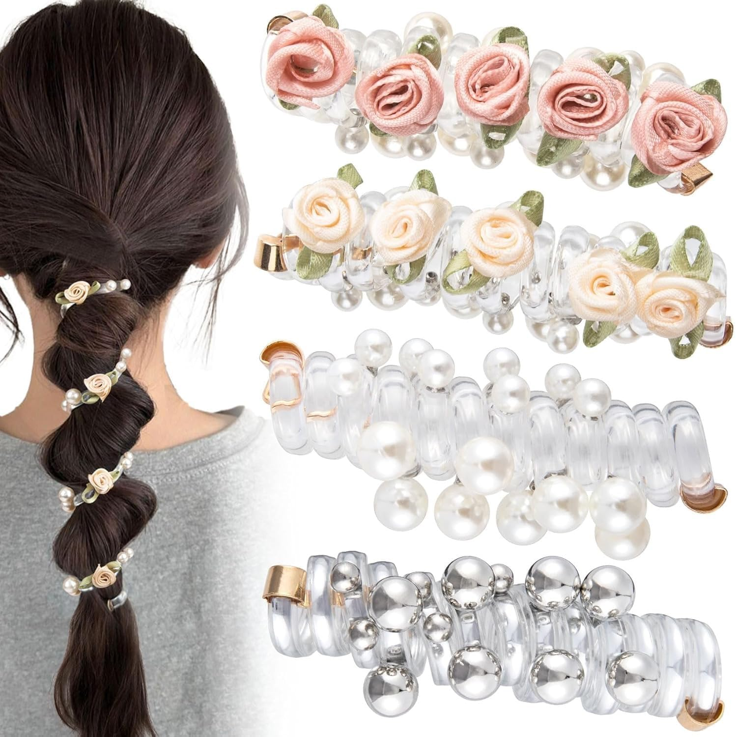 Gaodercha 4 Pack No Damage Soft Elastic Spiral Hair Ties Pearl Twisted Hair Wire Pony Hairs Tie Pearl Flower 2 Styles Hairs Accessories for Women Girls Daily Use image number 2