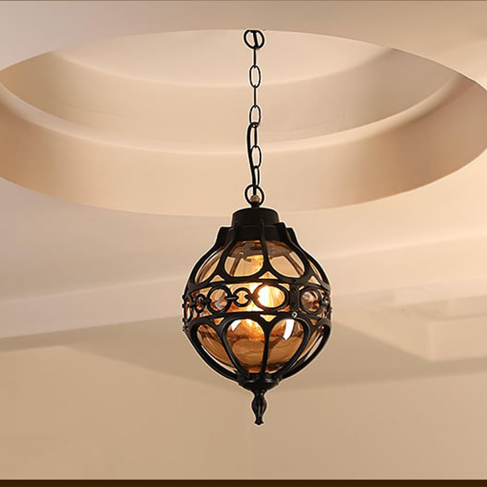 Vintage Outdoor Pendant Light, Metal Globe, 27Cm Height, 60Cm Chain, Waterproofe27,No Light Bulbs Included (Black)