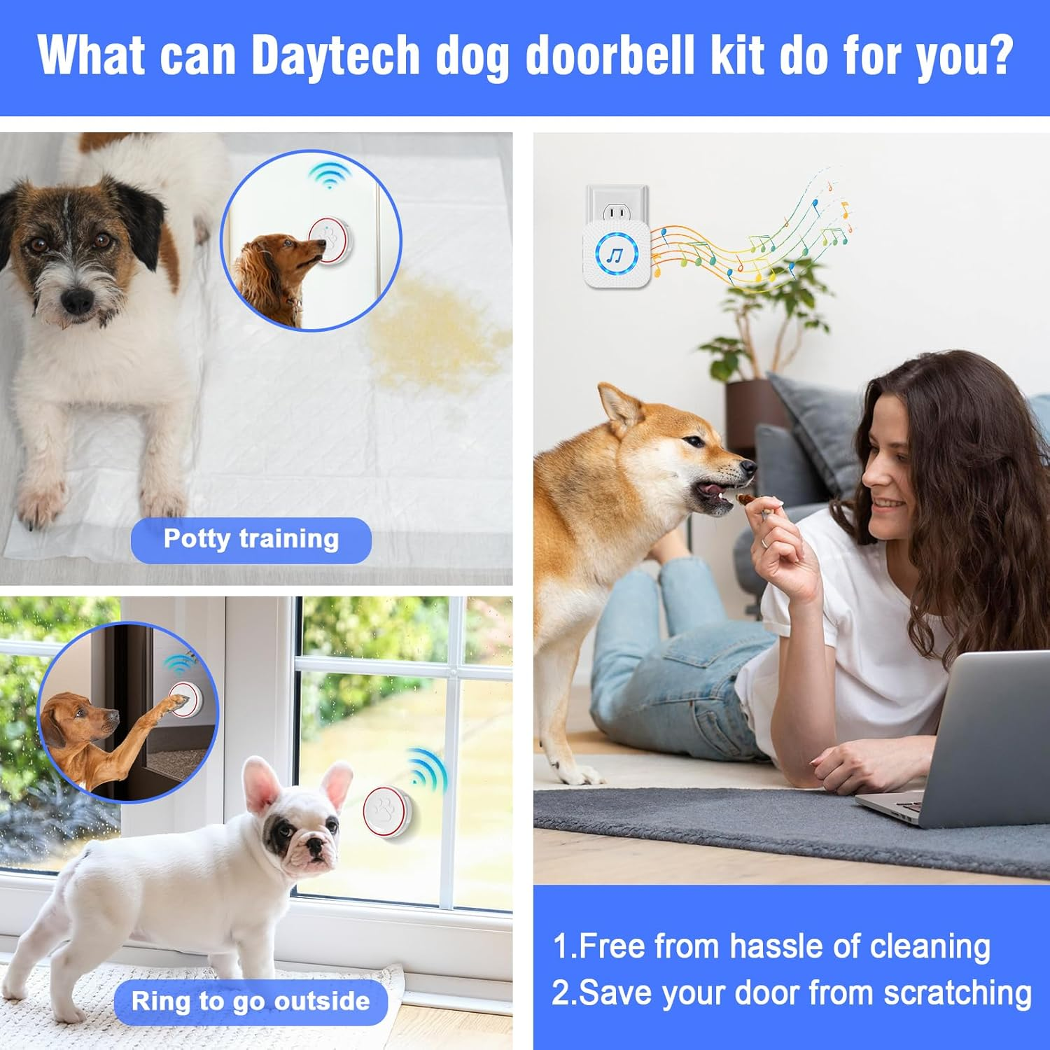 DAYTECH Smart Dog Door Bell Wireless Puppy Doorbell for Potty Training, Dog Bells to Go Outside, Bell for Dogs to Ring to Go Potty, 3 Touch Buttons 1 Receiver