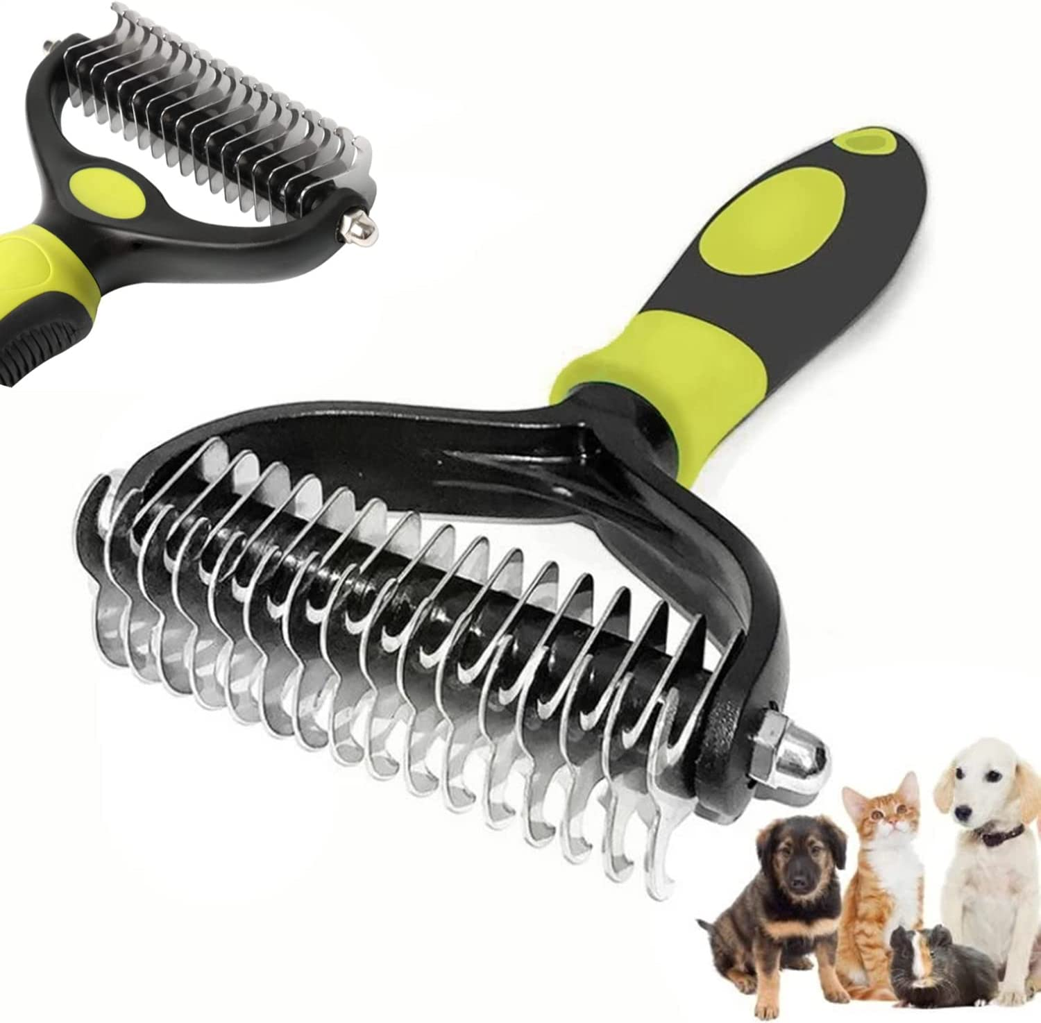 Dog Cat Grooming Brush, 2 Sided Pet Grooming Tool Undercoat Rake for Deshedding, Mats & Tangles Removing, Double Sided Shedding and Hair Removal Rake Comb for Dogs & Cats (Green) image number 6