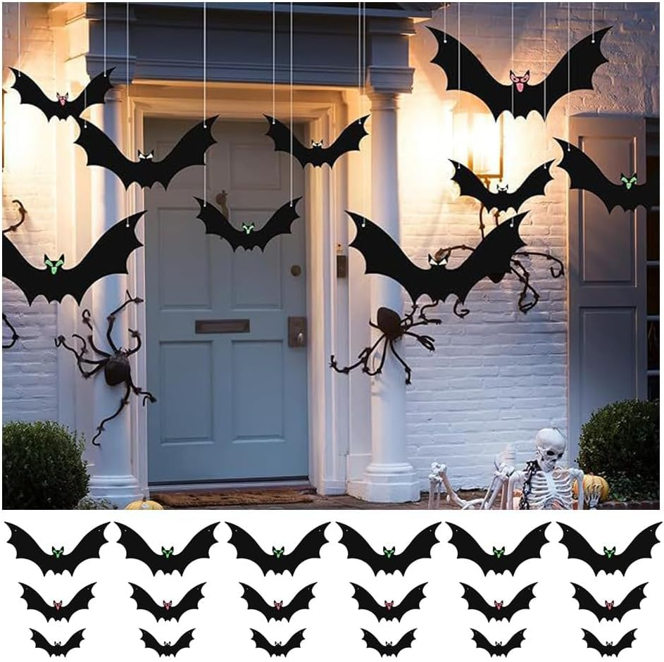 18 PCS Halloween Hanging Bat Decorations: Luminous Eyes & 3D Realistic Scary Styles, 3 Different Sizes Large Fake Black Flying Bats for Yard, Party, Indoor & Outdoor Lawn Decorations