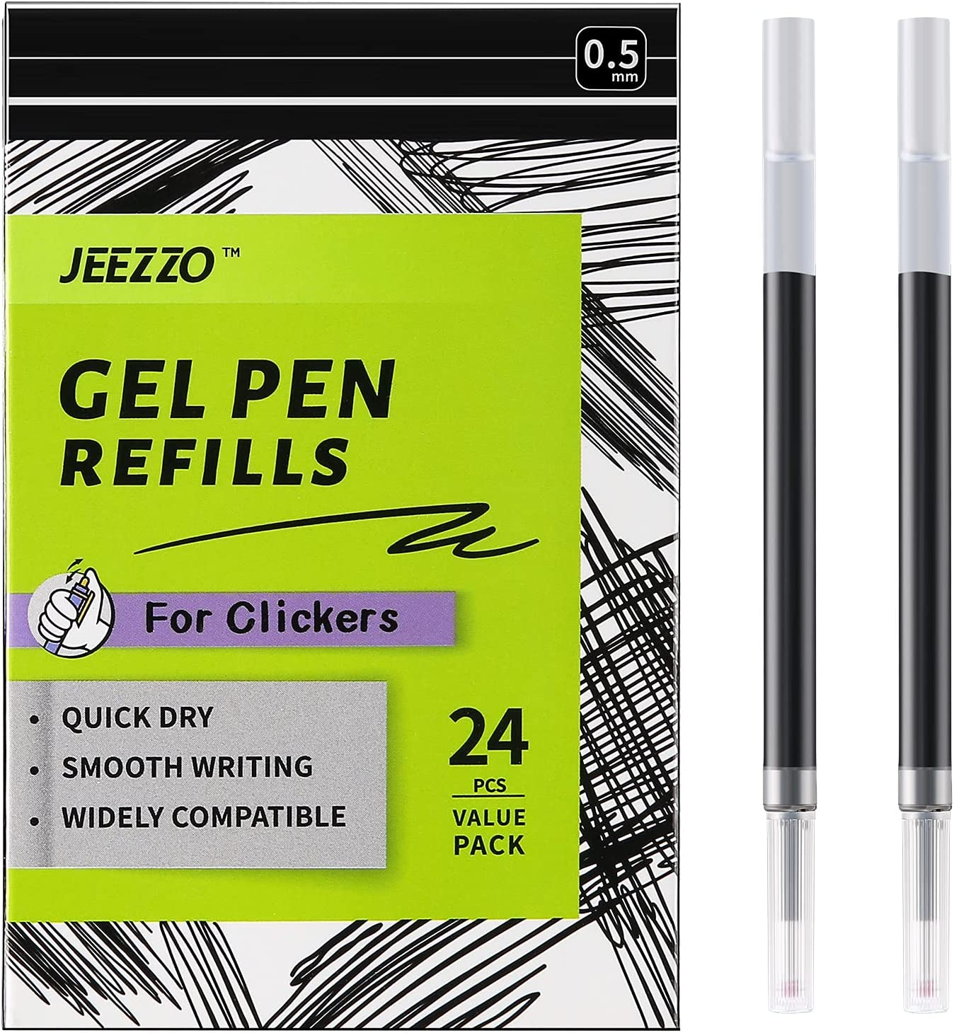 JEEZZO Gel Ink Refills Black Medium Point Compatible with Pilot Pentel Sharpie Uni-Ball Zebra Clickers for Working Drawing and Journaling 24 Pcs image number 1