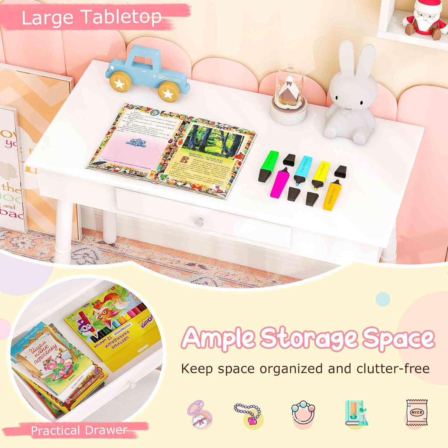 Costway Kids Vanity Makeup Table Set, Princess Vanity Table & Chair Set, Makeup Dressing Table with Drawer and Cushioned Stool, Vanity Desk with Real Mirror for Little Girls (White)