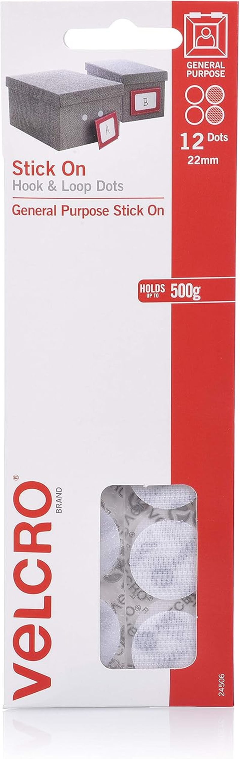 VELCRO Brand 26178 Stick on Hook and Loop Dots General Purpose Peel and Stick Adhesive - 22Mm Dots, 12 Pack, White image number 1