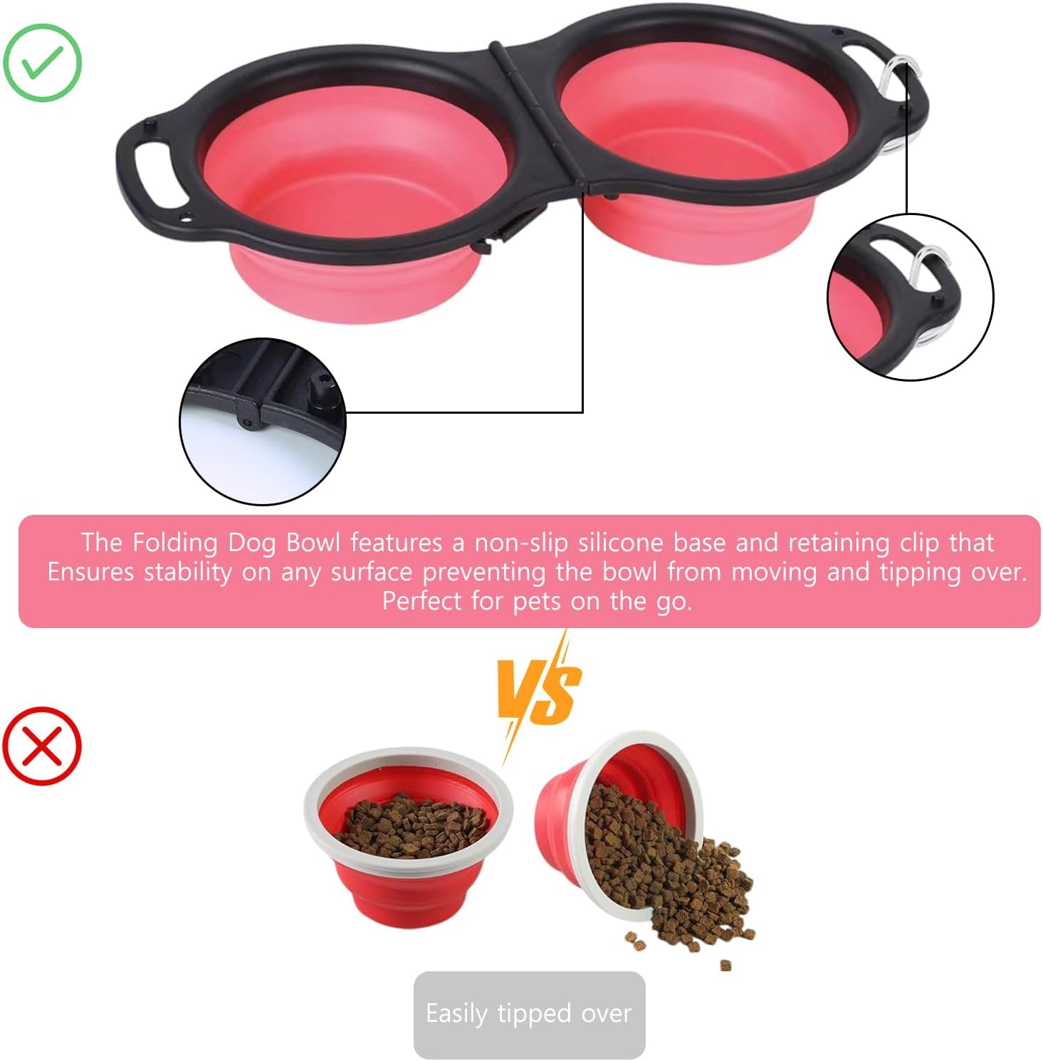 Collapsible Dog Food Water Bowl, 2 in 1 Silicone Double Bowl, Portable Travel Pet Feeder Bowl, Expandable Pets Bowl with Carabiner for Walking, Traveling, Hiking, Camping (Pink, Size-1) image number 6