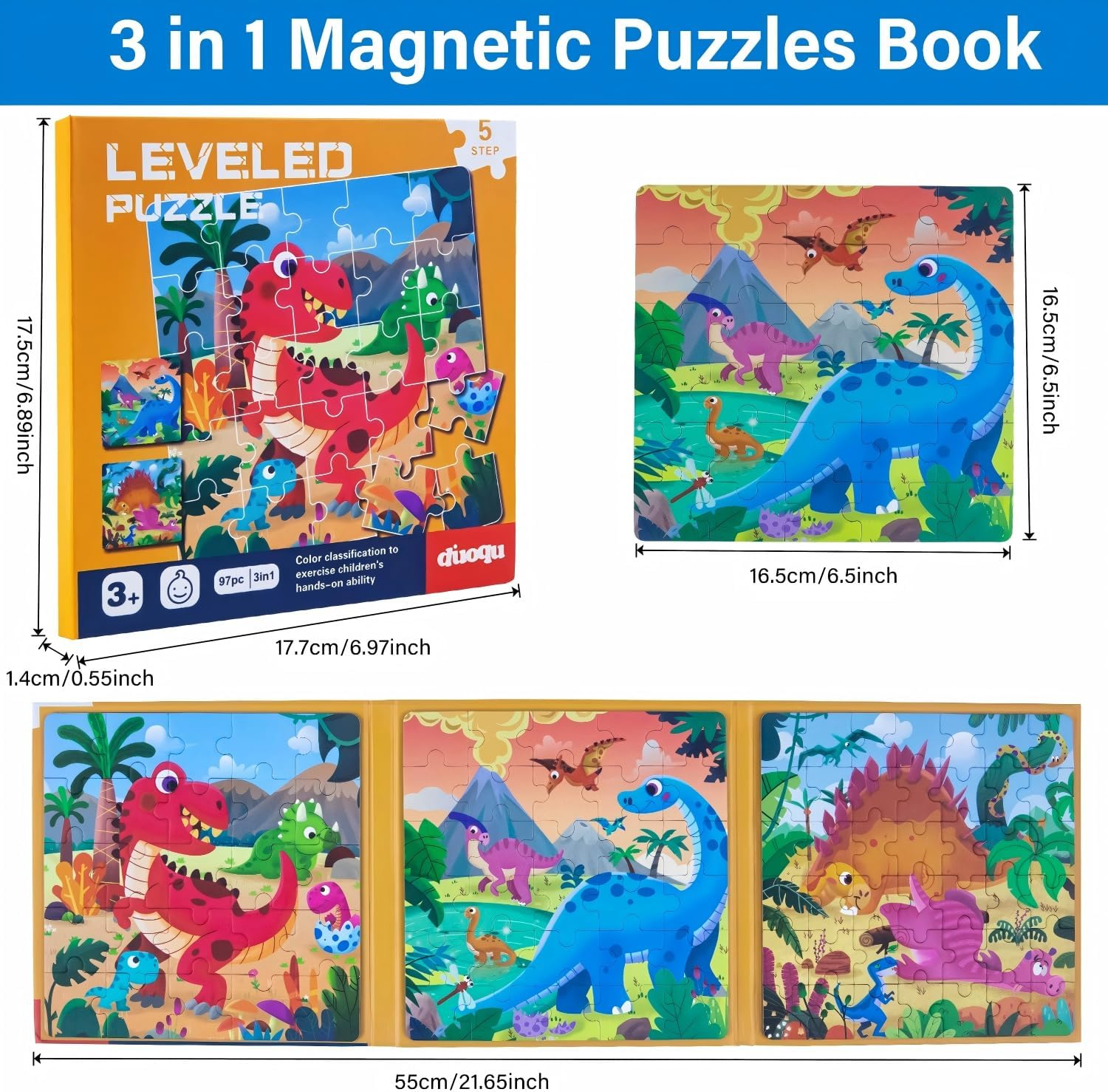 Magnetic Puzzles for Kids Ages 3-6, 97-Piece Travel Toys Dino Game, 3 in 1 Travel Puzzles Games Fun Toddler Puzzle Ages 2-4, for 2 3 4 5 6 7 Year Old Birthday Gift (L5 Prehistoric Dinosaur)