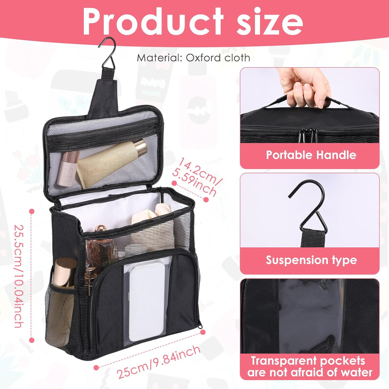 Awobepl Hanging Travel Toiletry Bag, Waterproof Oxford Fabric Toiletry Organizer, Portable Breathable Makeup Bag for Bathroom Camping Trip (Black) - Black image number 5