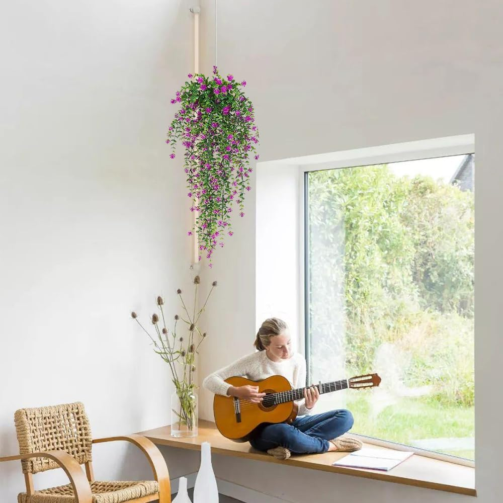 3Pcs Artificial Fake Hanging Plants Simulated Faux Fern Outdoor UV Resistant Plastic Greenery Flowers Plant Vine for Decorations Home Room Wall Garden Courtyard Wedding Party Balcony Decor(Rose) image number 6