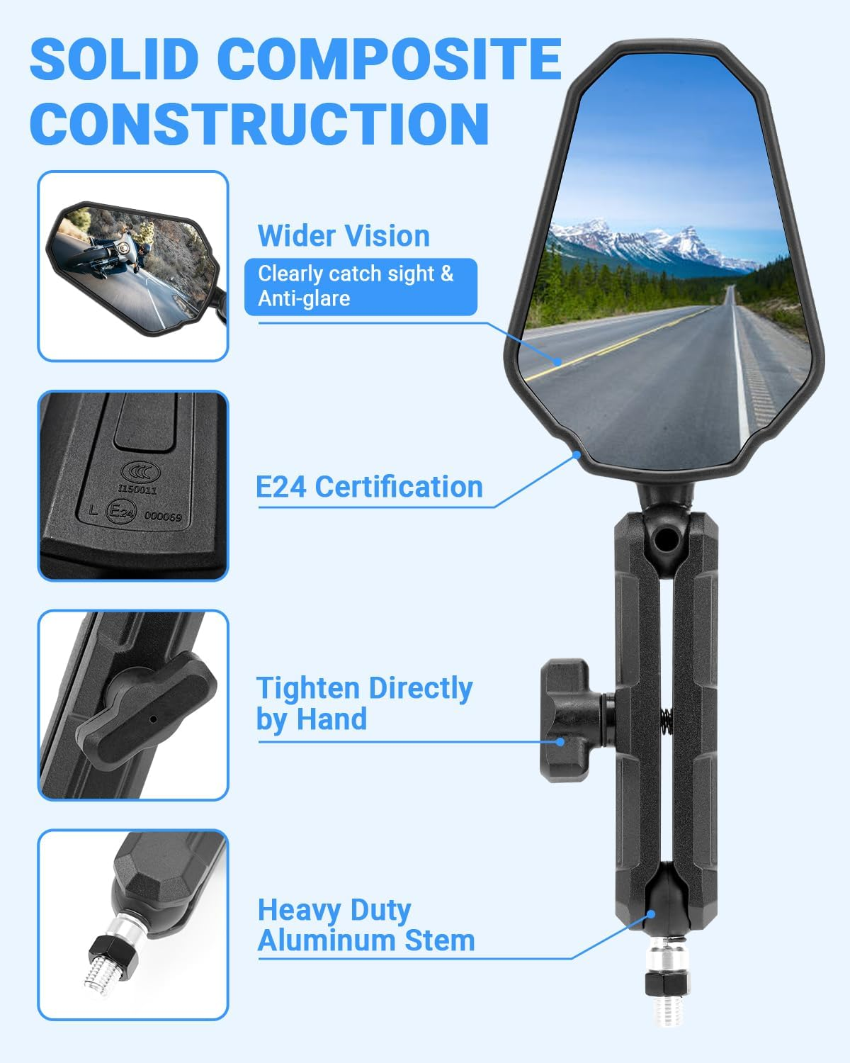 SUPAREE Universal Motorcycle Rear View Mirror Motorcycle Mirror Foldable Off-Road Motorcycle Mirror E-Approved 360&deg; Rotatable with Right Thread and Left Thread Compatible for Scooter ATV image number 2