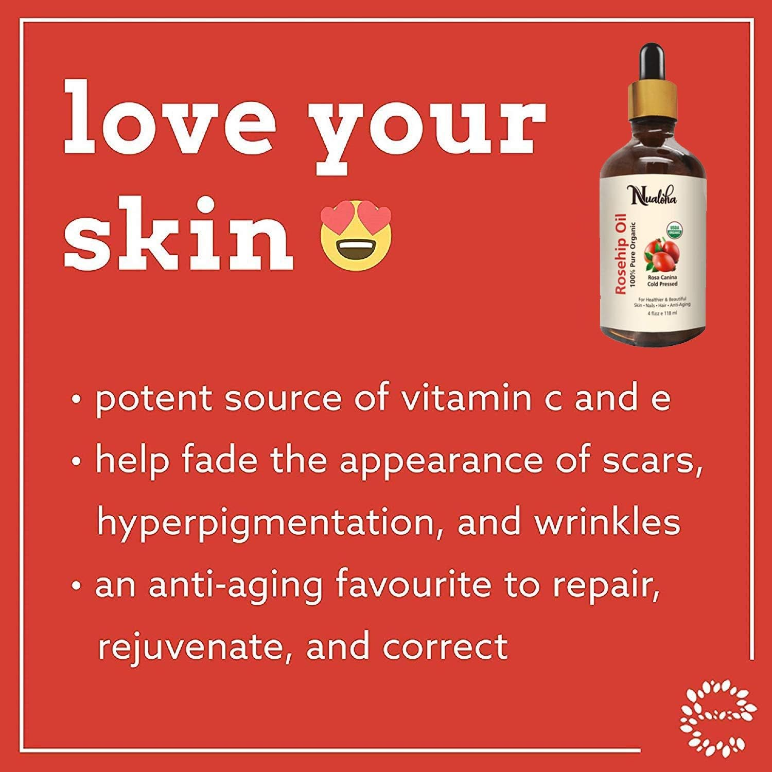 Nualoha Organic Rosehip Seed Oil, 118 ML, USDA 100% Pure Cold Pressed Natural Moisturizer Oil for Face Nails Hair Skin Women and Men