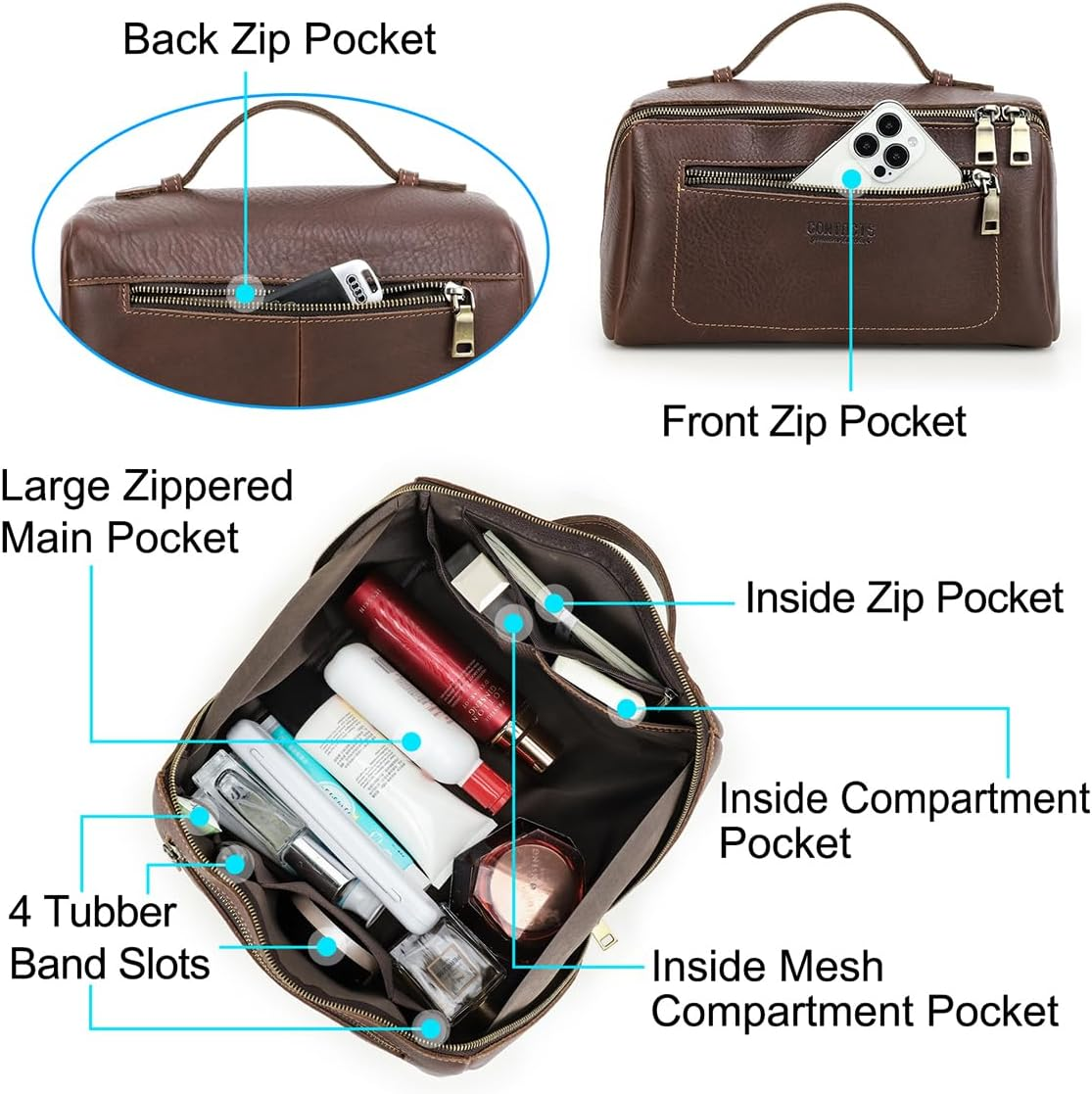 CONTACTS Full Grain Leather Travel Toiletry Bag for Men Large Wash Bag with Handle Bathroom Shaving Dopp Kit Toiletries Organizer Vintage Cosmetic Bag image number 5