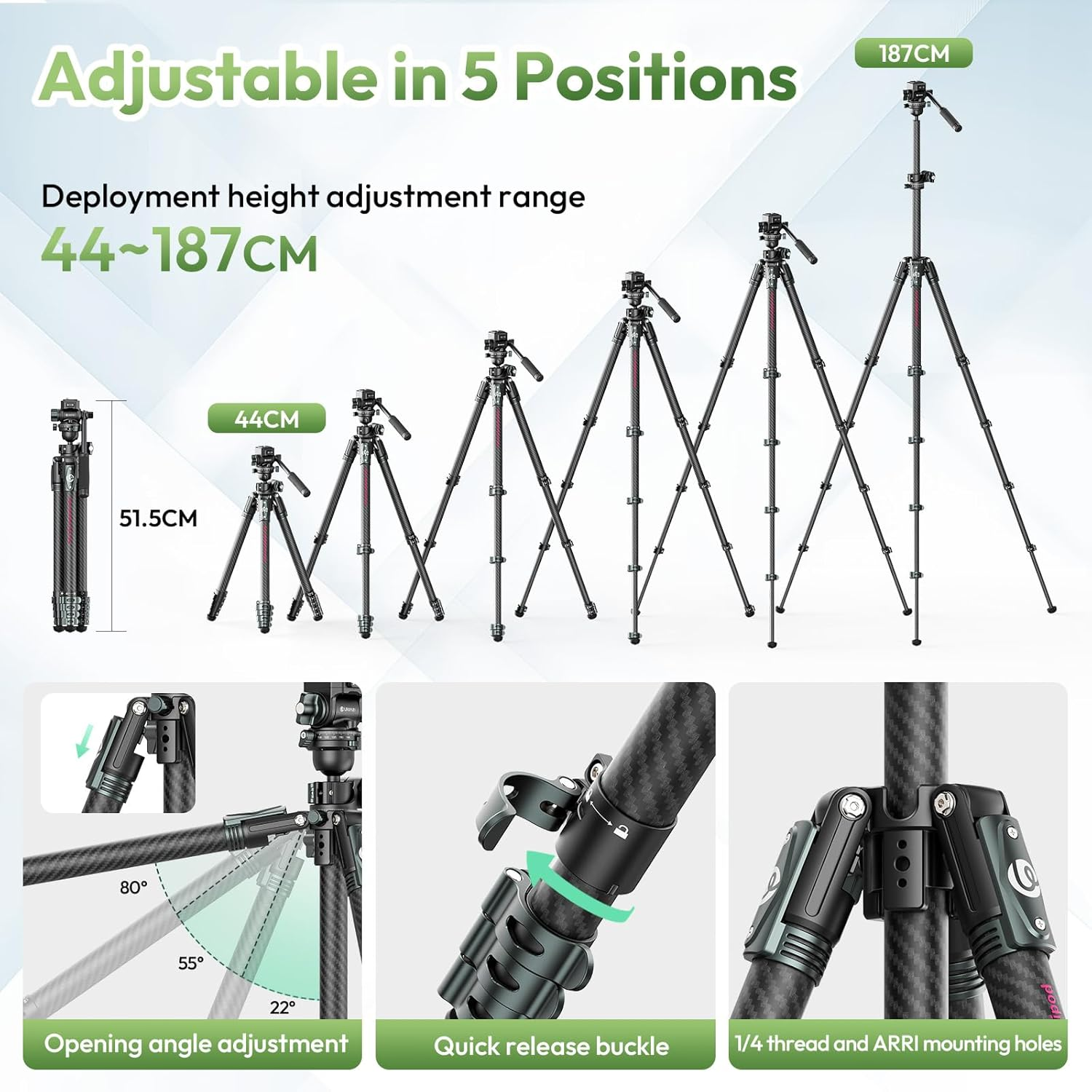 ULANZI JJ06 Glidego Camera Tripod, 73.6"/187Cm Lightweight Carbon Fiber Travel Tripod with 360&deg; Ballhead, Horizontal Video Tripod W Central Column, for Cameras/Dslr/Camcorder, Maxload 18Kg/39.6Lbs image number 3