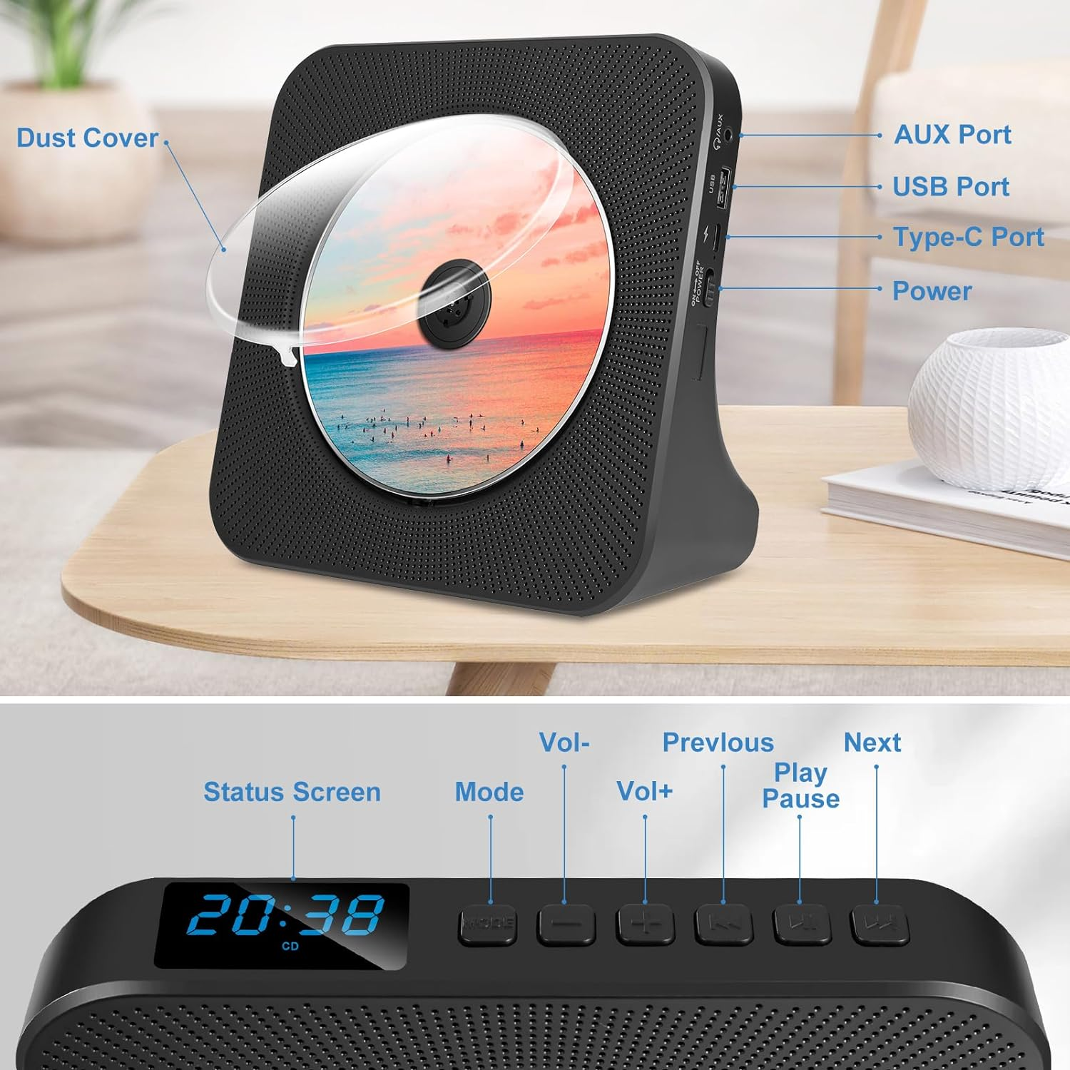 CD Player Portable with Bluetooth, FM Radio CD Players with Hifi Speakers, USB/AUX Ports, Desktop CD Music Player for Home, Black CD Player from SHIWAKOTO image number 3