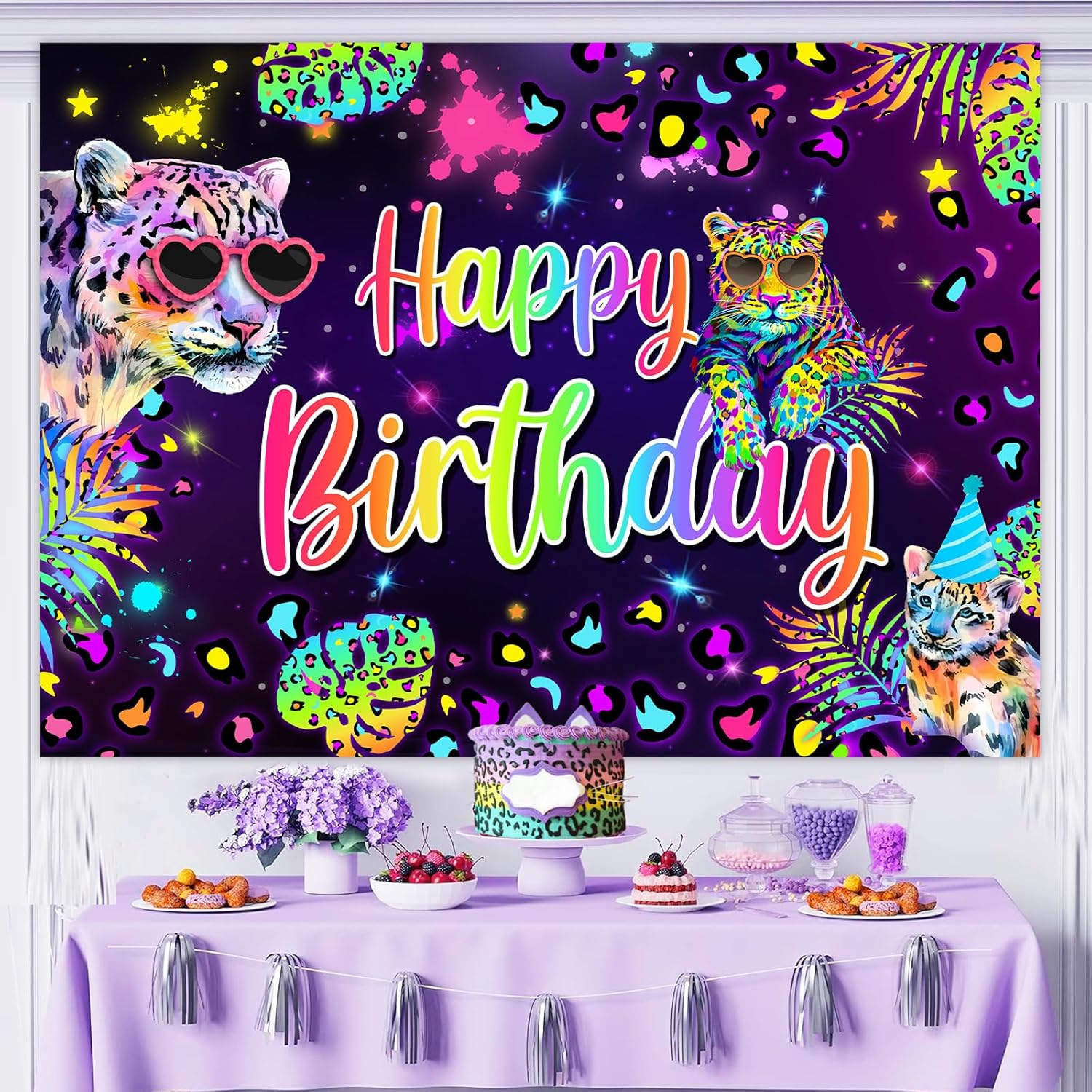 Wonmelody 7 * 5Ft Rainbow Leopard Birthday Backdrop Rainbow Cheetah Party Decorations Neon Leopard Photography Background Safari Wild Cheetah Photoshoot Backdrop Party Supplies for Women Girls image number 1