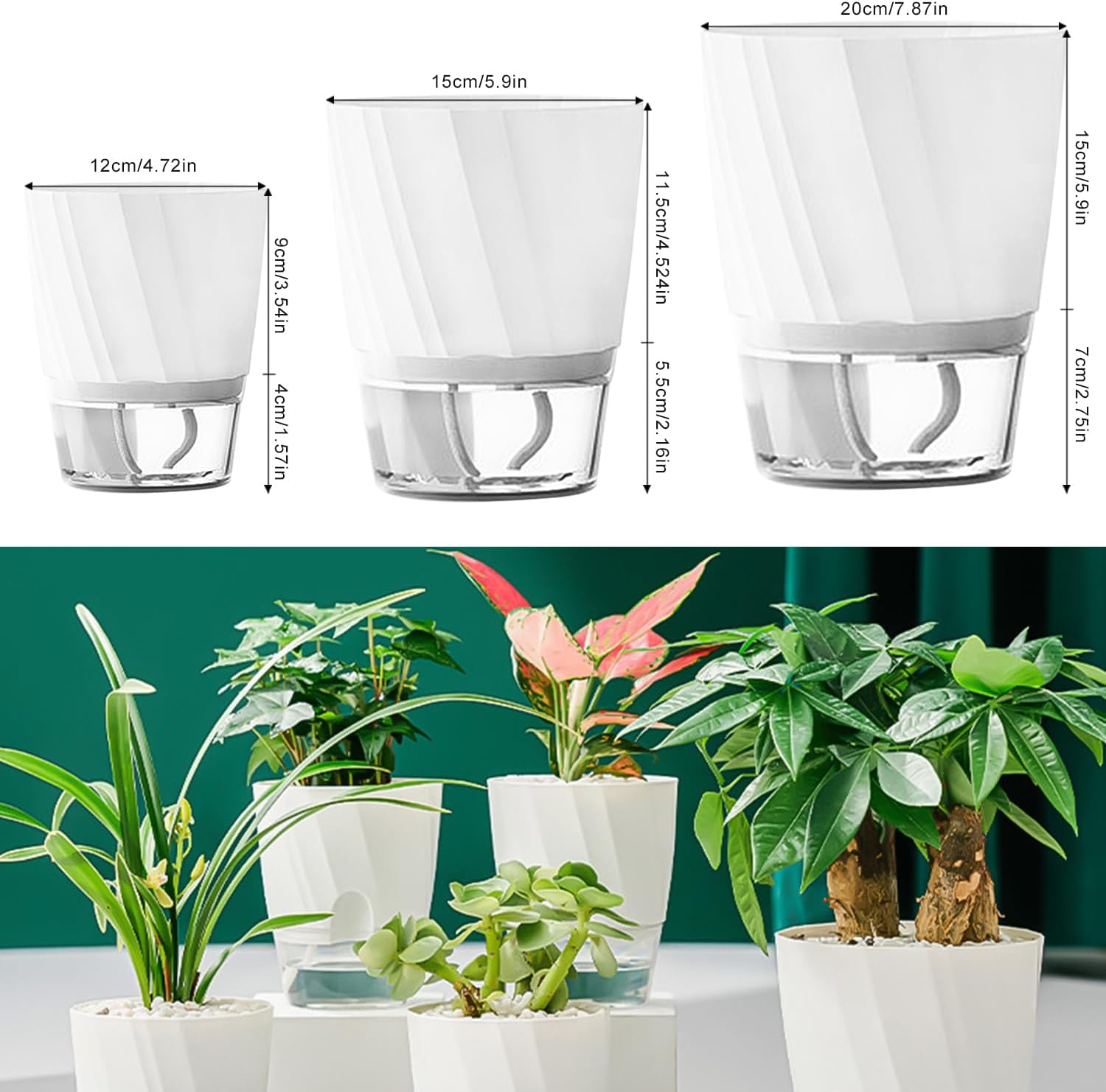 ROLMZJX 4 Pack Self Watering Pots,African Violet Pots，Clear Plastic round Plant Pots for Succulent, Flowers, Herbs for Office Home Decor（White-Large/Medium/Small） image number 3