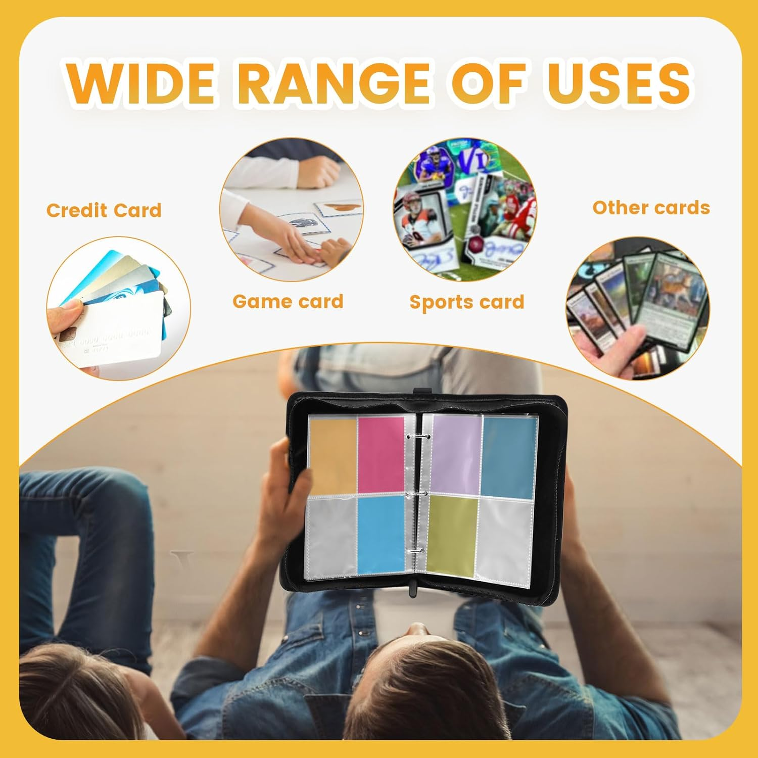 Yitexin Card Binder Case with 400 Pockets, Large Capacity Card Collection Binder with 50 Removable Sleeves, Portable Zipper Collectible Trading Card Albums with Hand Strap for Travel Game (Black) image number 6