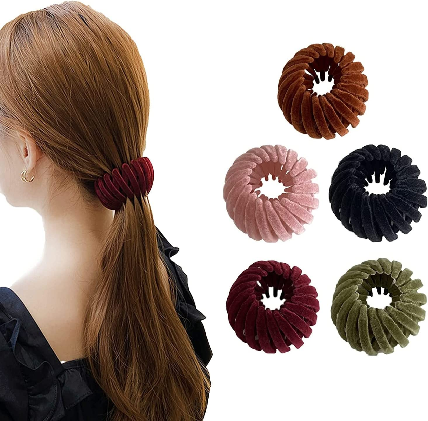 5 Pcs Reayou Velvet Bird Nest Hair Clips round Hairband, Expandable Ponytail Holder Fashion Bun Maker for Women and Girls, Lazy Birds Plate Hairpin image number 4