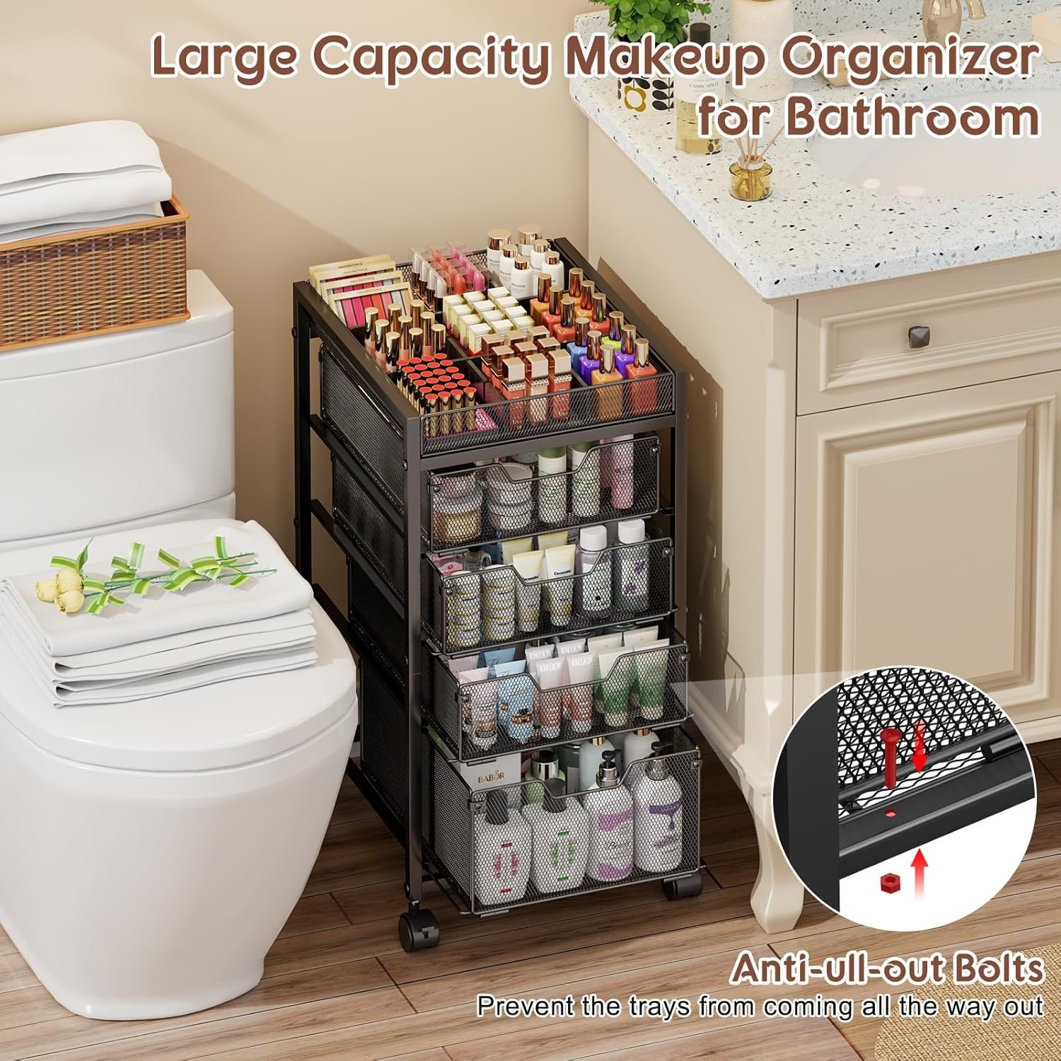 5-Tier Rolling Makeup Cart Organizer with 4 Drawers, Cosmetics Display with Dividers, Floor Skincare Storage with Wheels, Versatile Vanity Organizer for Nail Polish Perfume Brush Hair Tool, Black image number 5