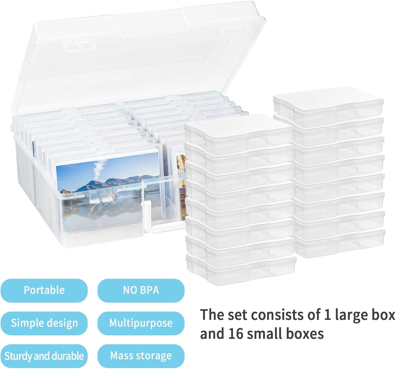 Photo Storage Box 16 Inner Photo Keeper Can Store 4" X 6" Photos Protection and Organization Cards Pictures Stamps Office Supplies Clear Photo Storage Box image number 4