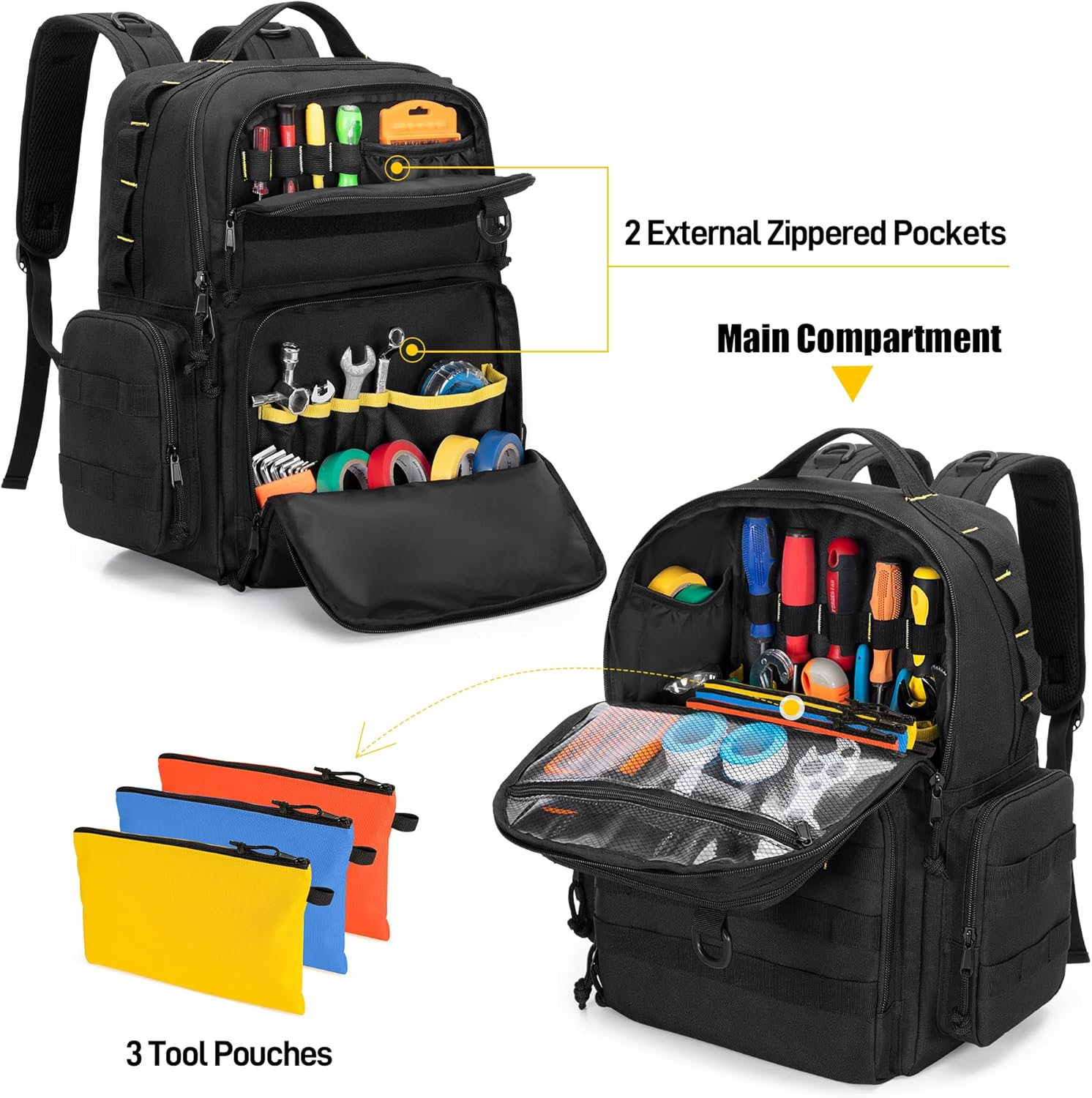 Rexmica Tool Backpack for Men with 3 Small Tool Pockets Organizer Bag for Tool Storage, Tactical Work Tool Bag for Electricians, Craftsmen, Black image number 2