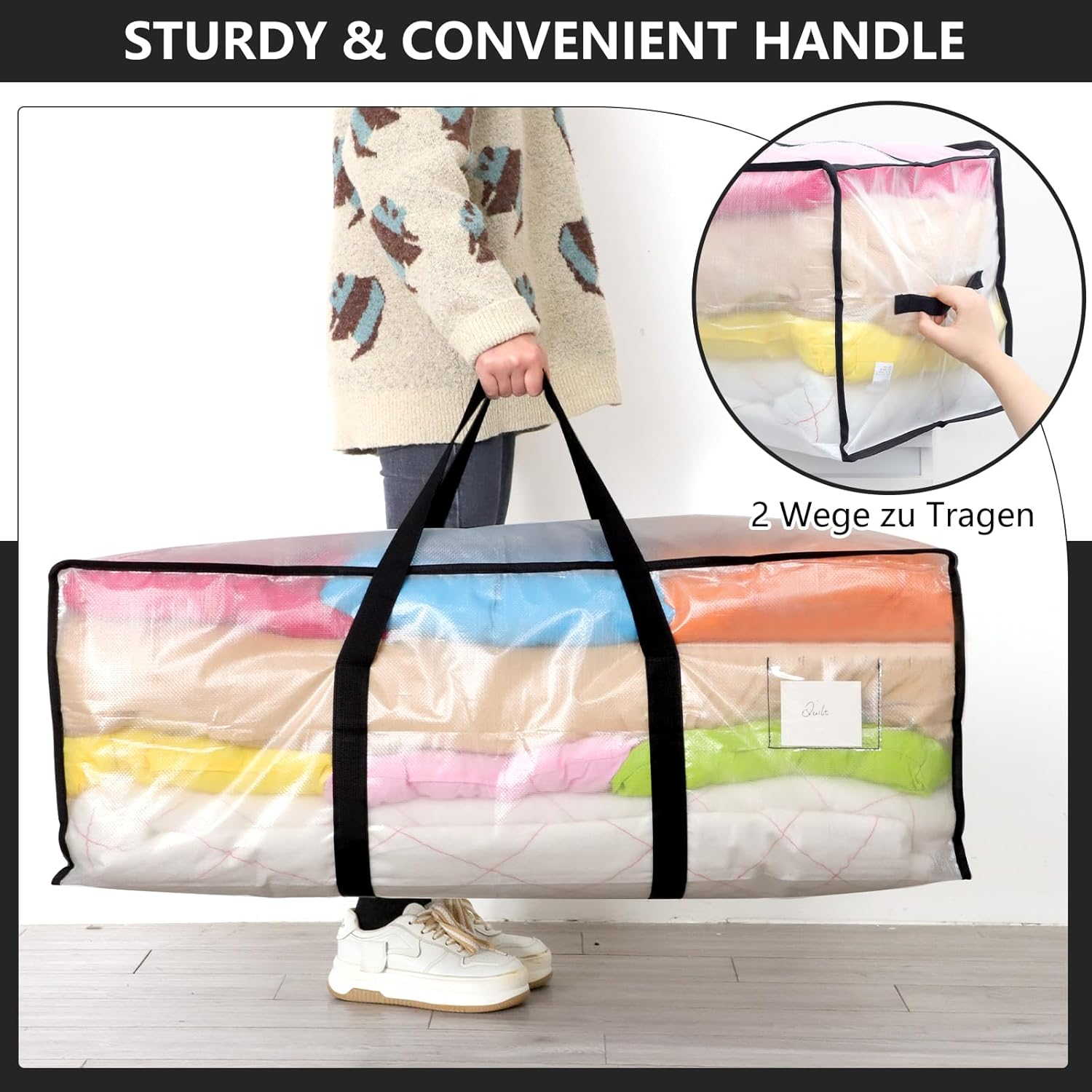 Dntorx Pack of 2 120 L Storage Bags, Heavy-Duty Moving Bags, Transparent Moving Boxes, Large with Zip, Handle, Foldable Storage Box for Moving, Camping, Bed Linen, Clothing Storage image number 1