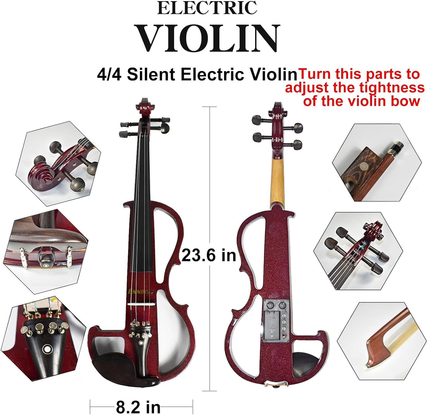 ENNBOM Beginner 4/4 Electric Violin Ebony Silent Violin Electric Violin Introductory Set (Wine Red) image number 2