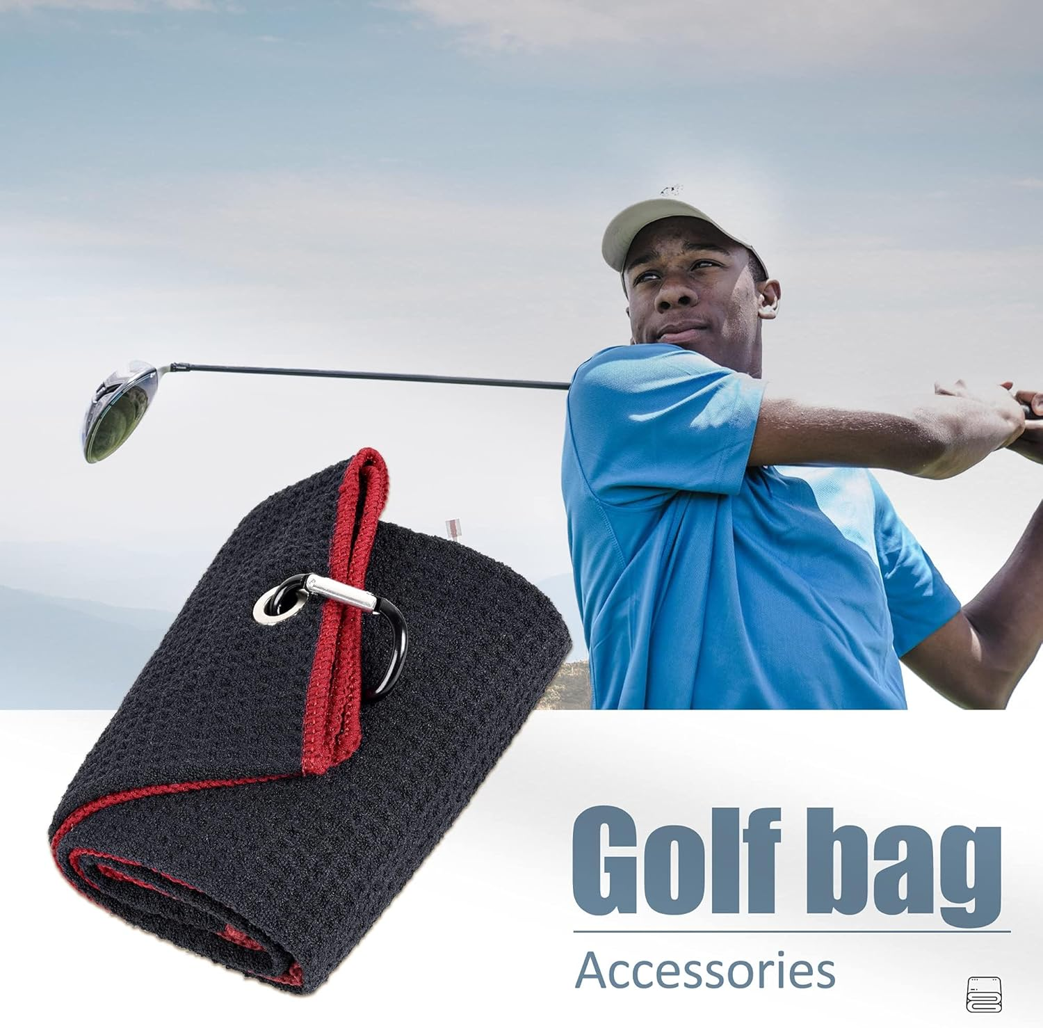 Golf Towel | Tri-Fold Waffle Towels | Premium Microfiber Fabric | Wiith Heavy Duty Carabiner Clip (Black(Red Edge)) image number 1