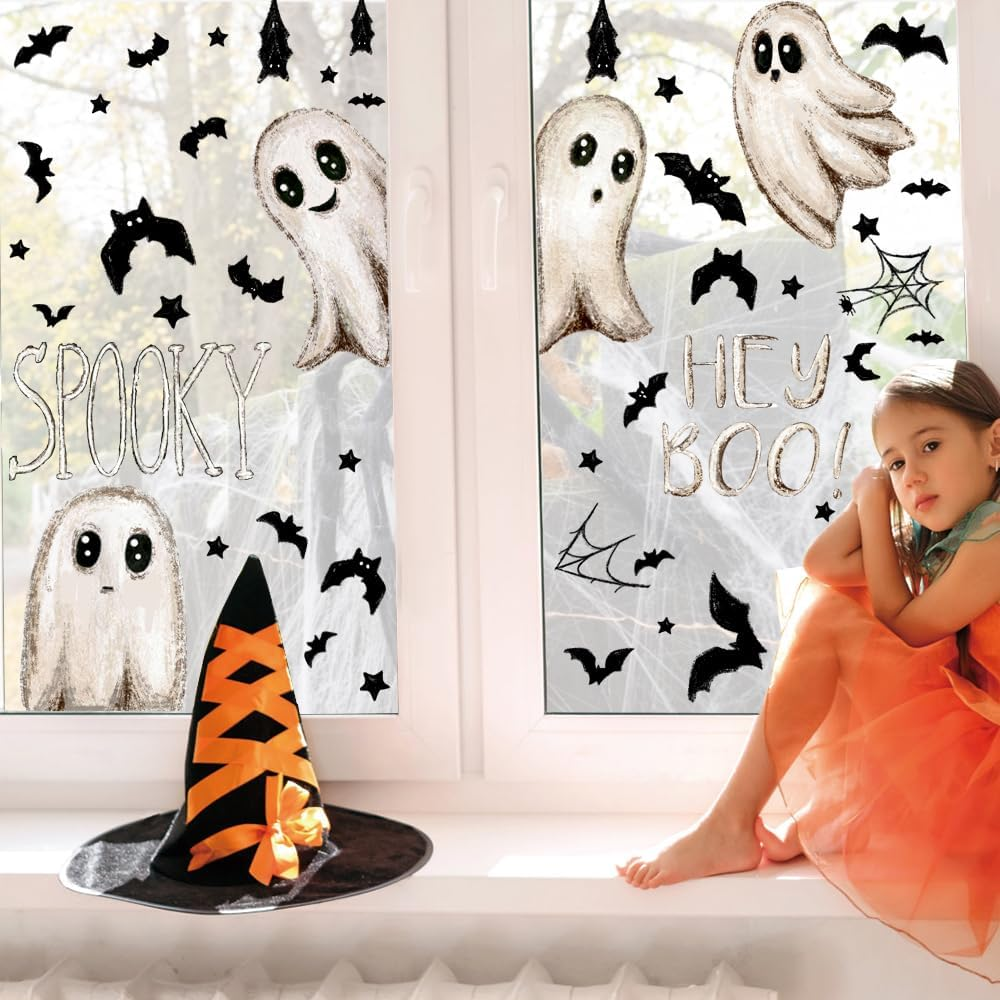 DIYDEC 6 Sheets Halloween Window Clings Large Halloween Ghosts Window Decals Double Side Scary Ghosts Bat Stickers for Holiday Home Office School Decor Glass Decoration image number 1