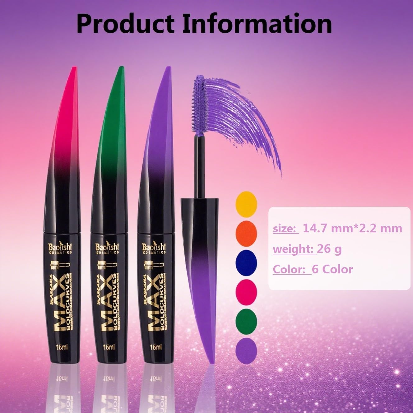 6Pcs Colored Mascara Waterproof - Volumizing, Lengthening & Clump-Free & False Lash Effect & Smudge - Proof Blue & Black & Brown Etc, Cosmetics Set for Women, Perfect for Christmas & Summer Parties image number 3