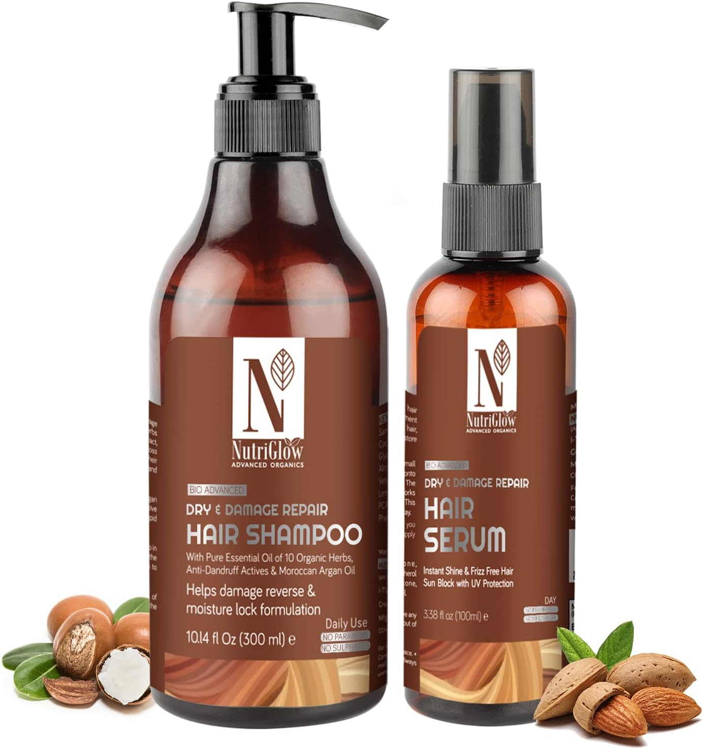Nutriglow Advanced Organics Bio Advanced Daily Use Dry and Damage Repair Hair Shampoo (300Ml) + Hair Serum (100Ml)/Moisture Lock Formulation/Argan and Essential Oils/No Parabens/No Sulphate image number 5