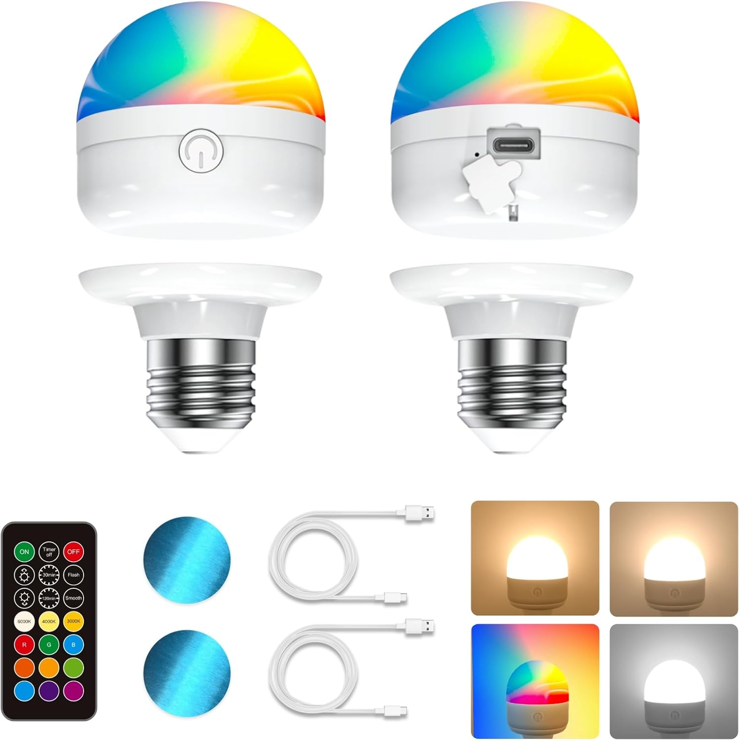 LUTW USB Rechargeable Light Bulb E27, 7W Smart RGB Colour Changing Light Bulb with Remote Control, 12RGB 3 Color Temperature, Dimmable and Detachable Battery Light Bulbs for Lamps, 2 Pack