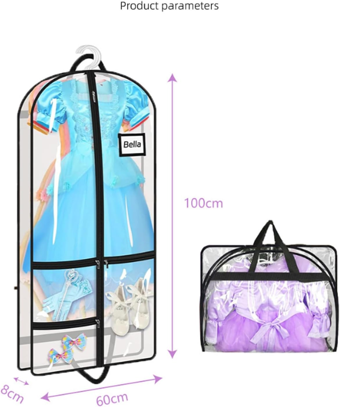Clear Garment Bag Set of 2, Hangable Clothes Storage Protector Bags with Zippered Pockets, Dustproof Breathable Dress Covers for Travel, Seasonal Organization, Formal Wear & Dance Competition (Black) image number 5